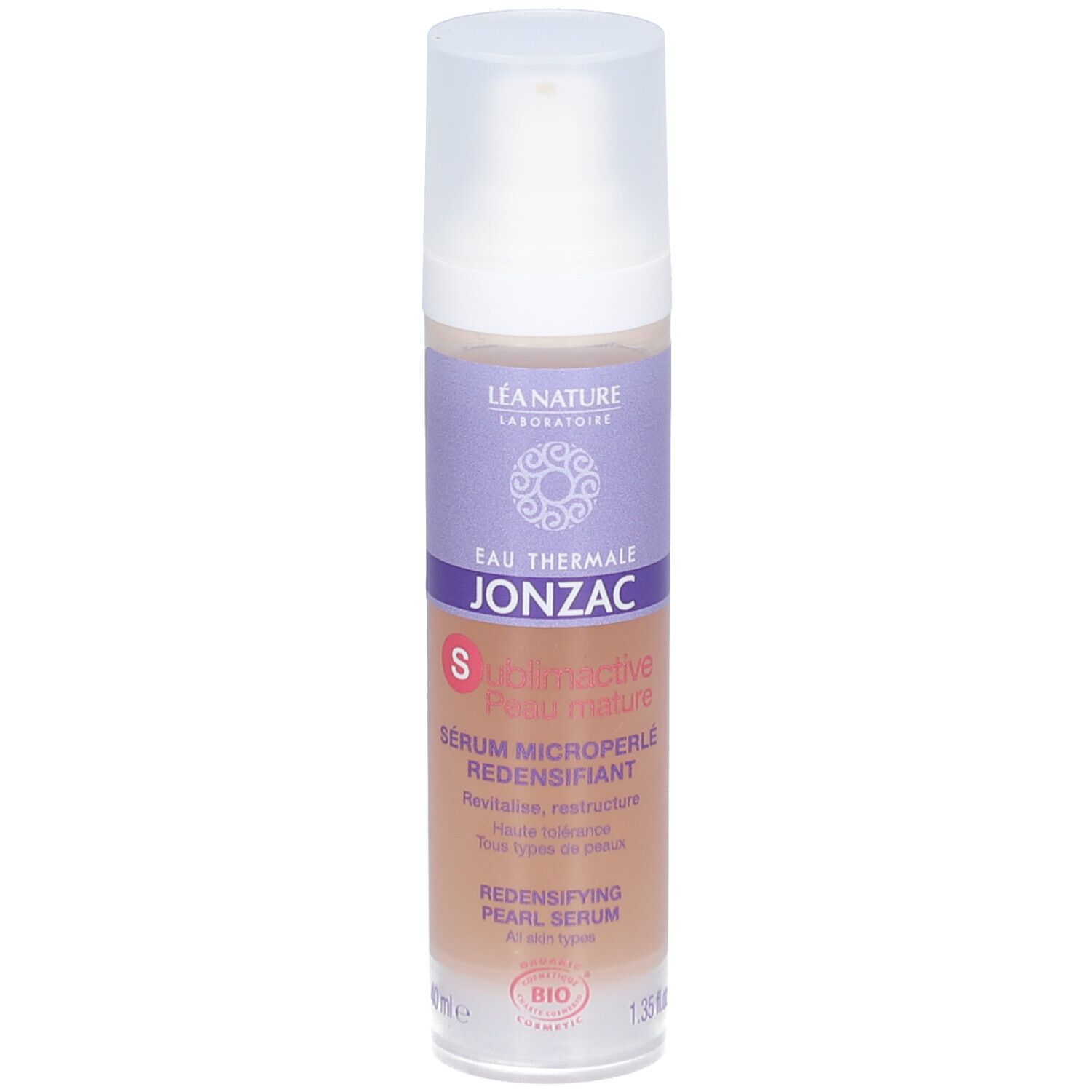 Jonzac Sublimactive Serum. Flasche mit Sprühkopf. Produktbezeichnung und Logo. Bio-Zertifizierung.