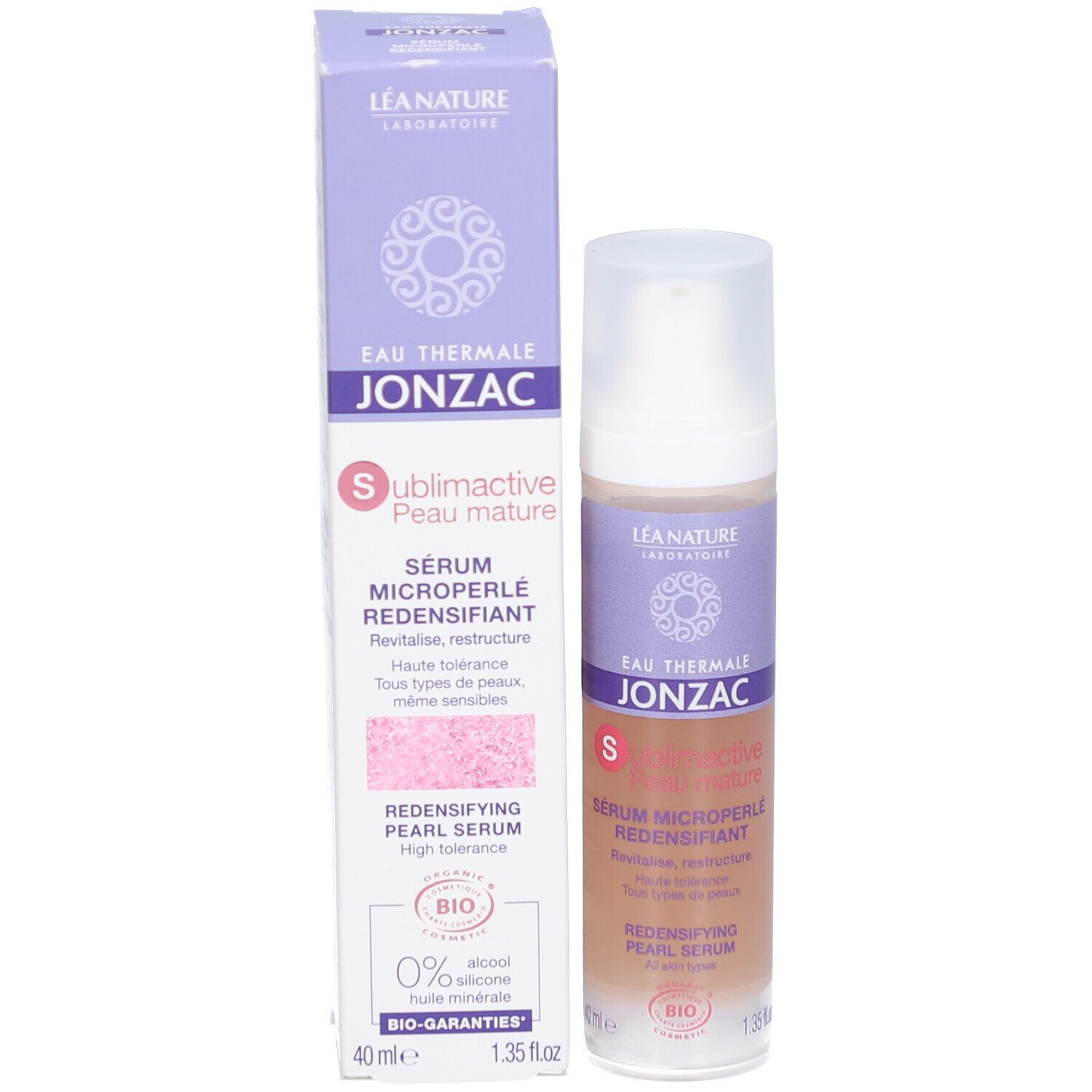 Jonzac Sublimactive Serum. Produktverpackung. Flasche und Karton. Produktbezeichnung und Logo.