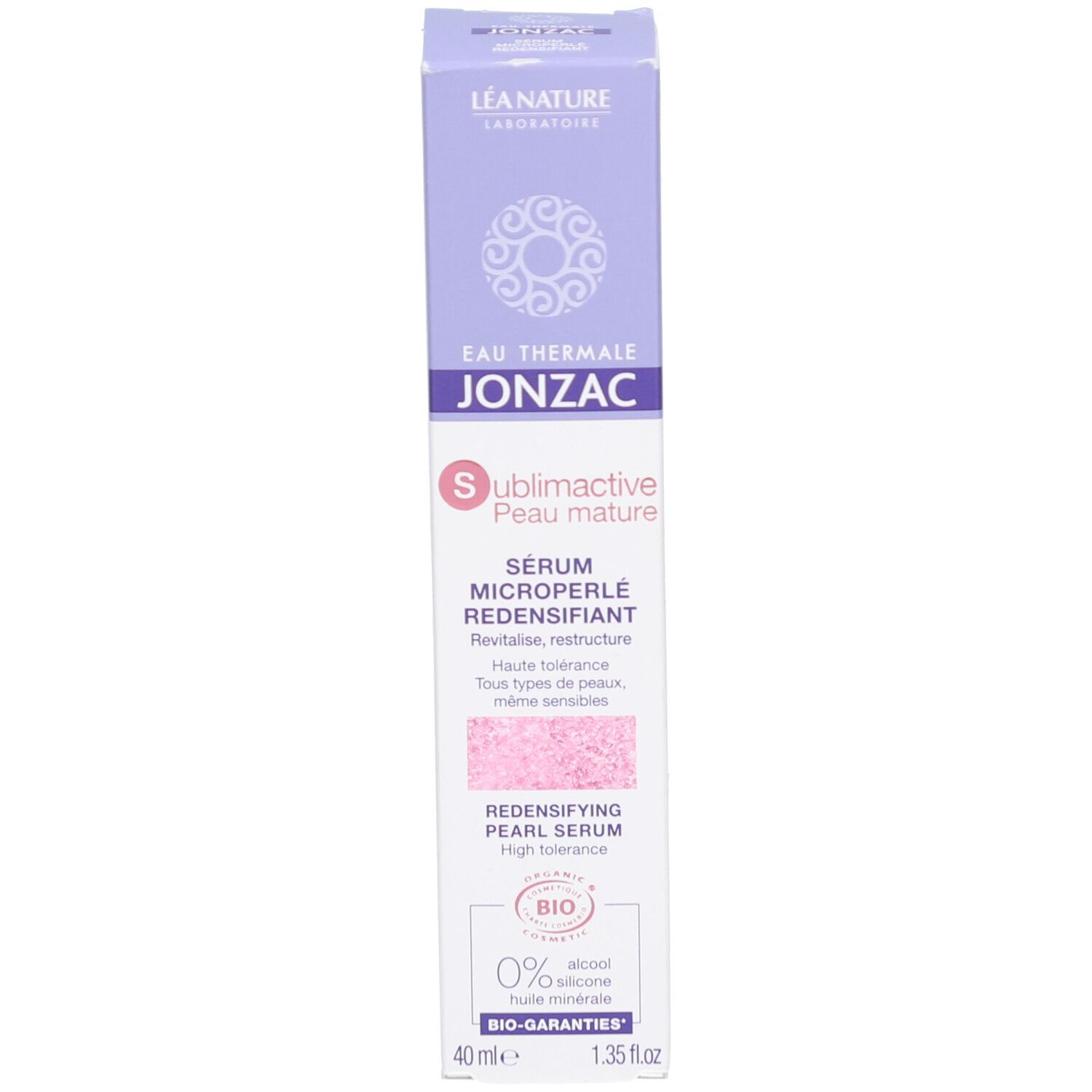 Jonzac Sublimactive Serum. Produktverpackung. Karton. Produktbezeichnung und Logo. Bio-Zertifizierung.