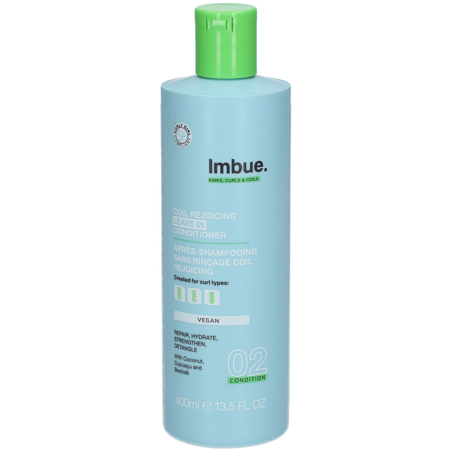 Flacon bleu clair avec bouchon vert. Inscription : Imbue, Après-Shampooing Sans Rinçage Coil Rejoicing. Vegan. 02 Condition.
