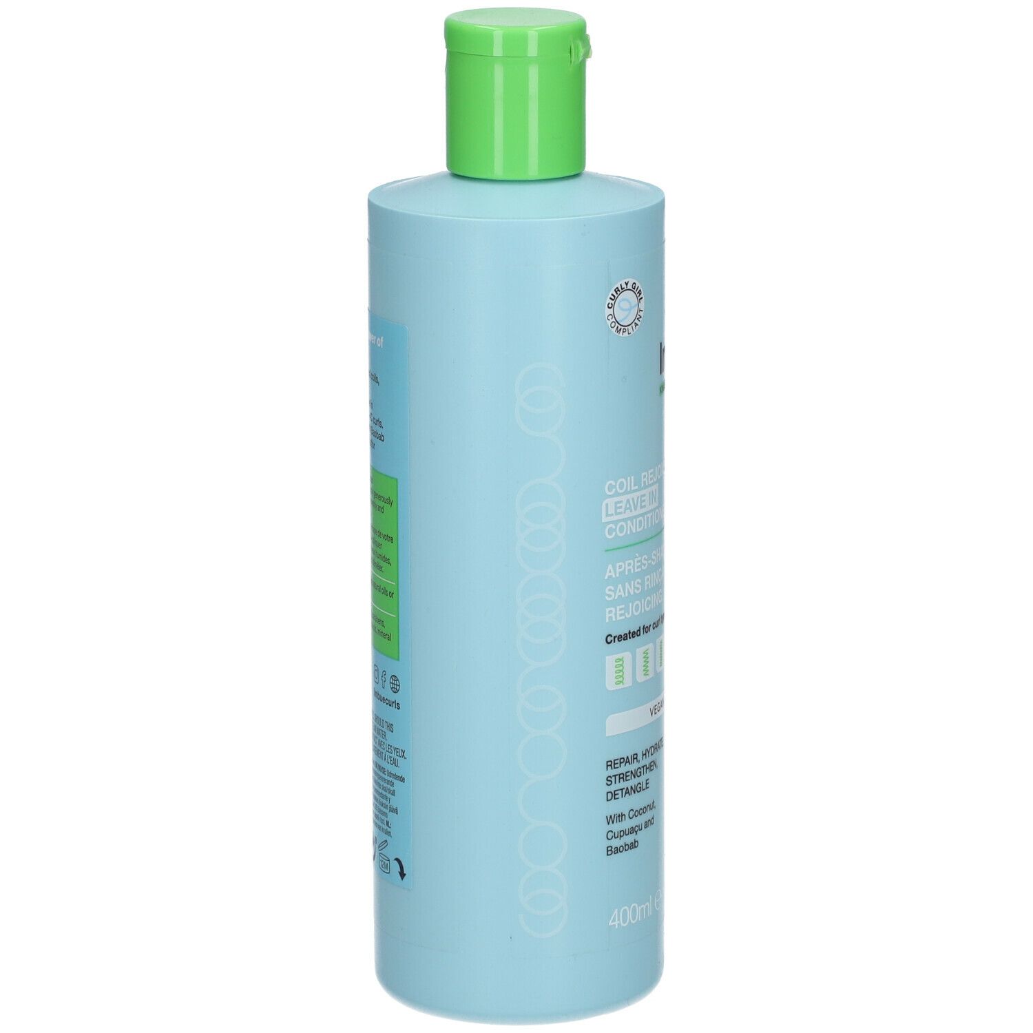 Flacon bleu clair avec bouchon vert. Texte latéral : Après-Shampooing Sans Rinçage Coil Rejoicing. 400ml.