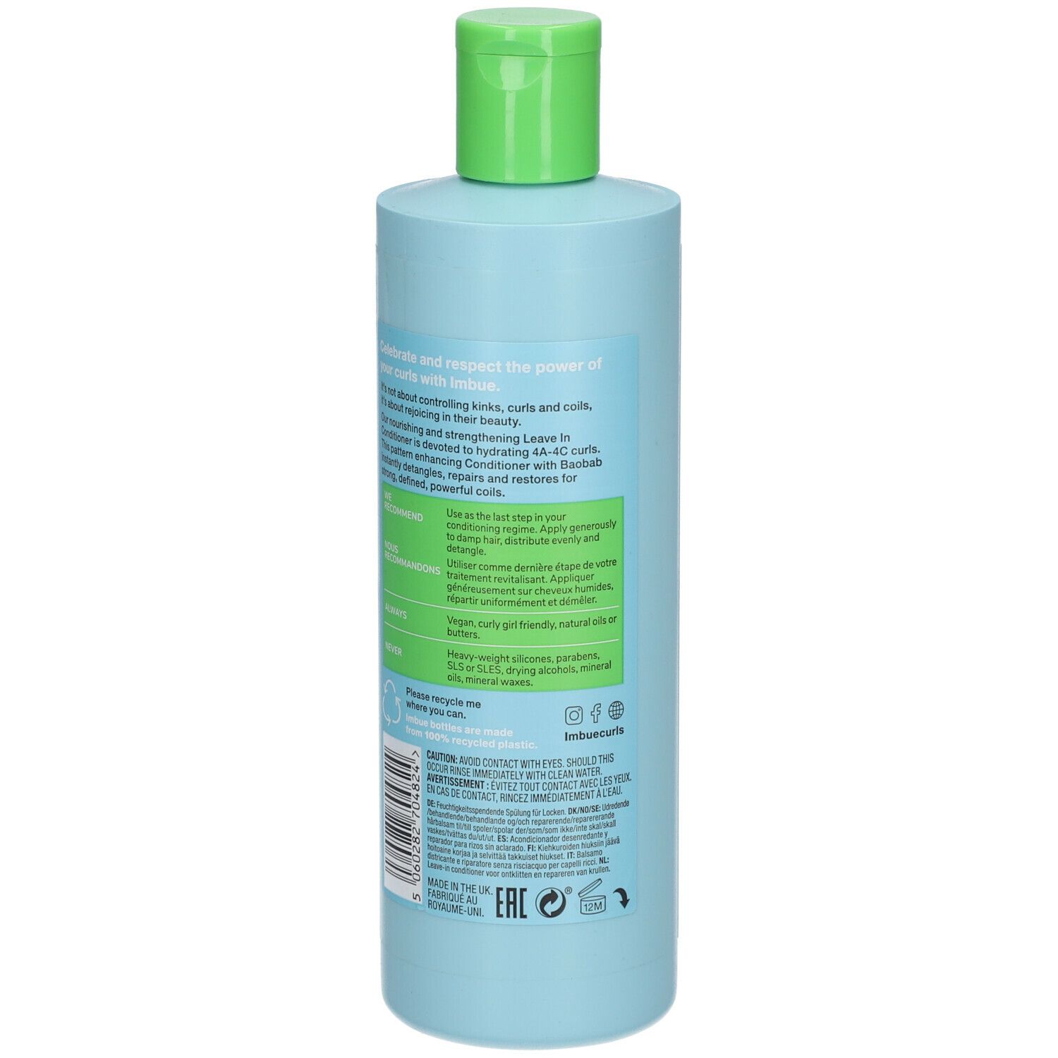 Flacon bleu clair avec bouchon vert. Dos avec texte. Contient des informations sur le produit et les ingrédients.