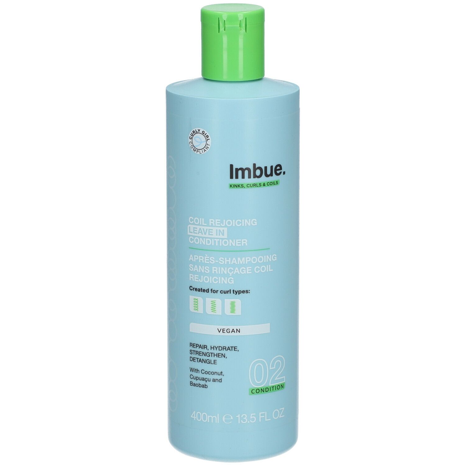 Flacon bleu clair avec bouchon vert. Inscription : Imbue, Après-Shampooing Sans Rinçage Coil Rejoicing. Vegan. 02 Condition.