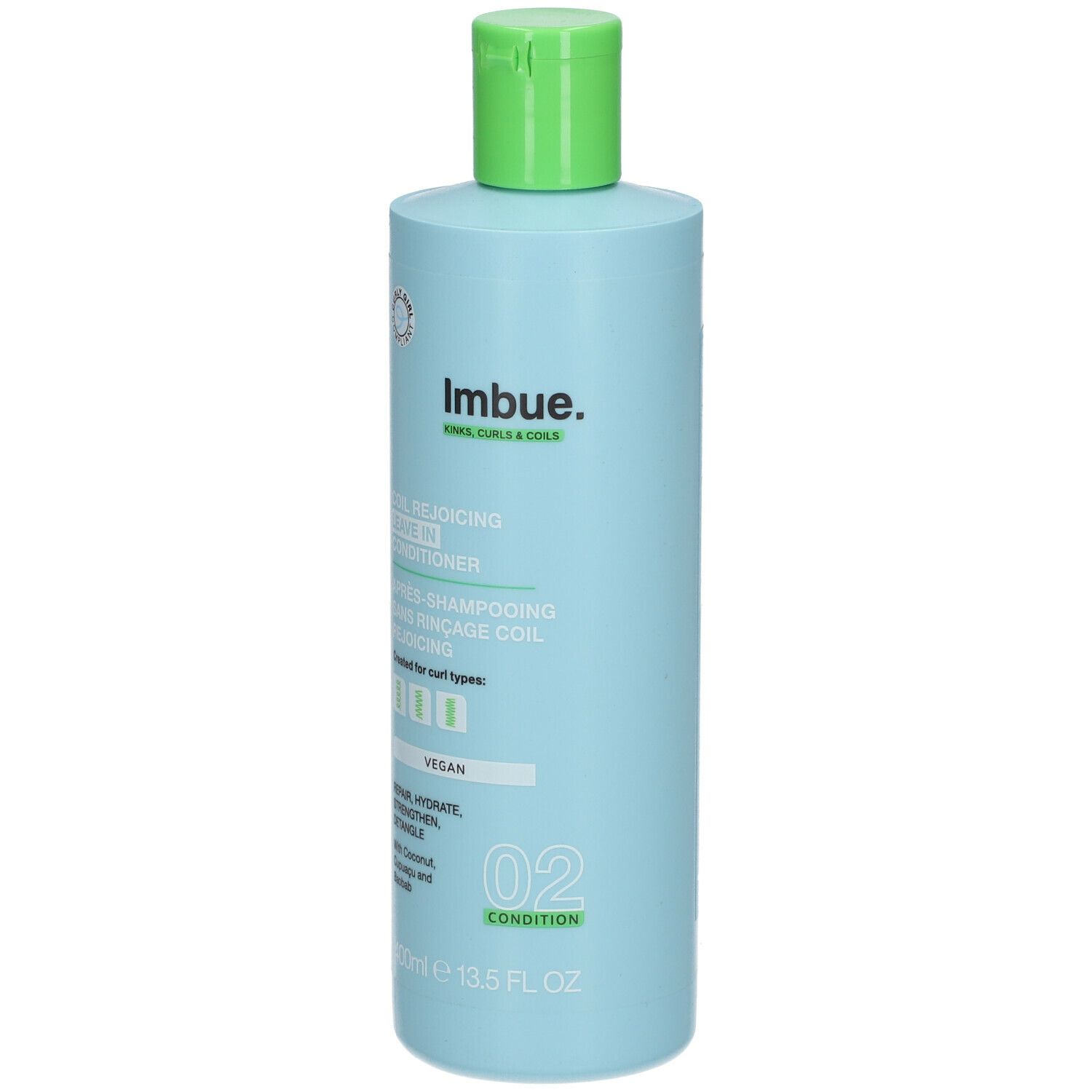 Flacon bleu clair avec bouchon vert. Inscription : Imbue, Après-Shampooing Sans Rinçage Coil Rejoicing. Vegan. 02 Condition.