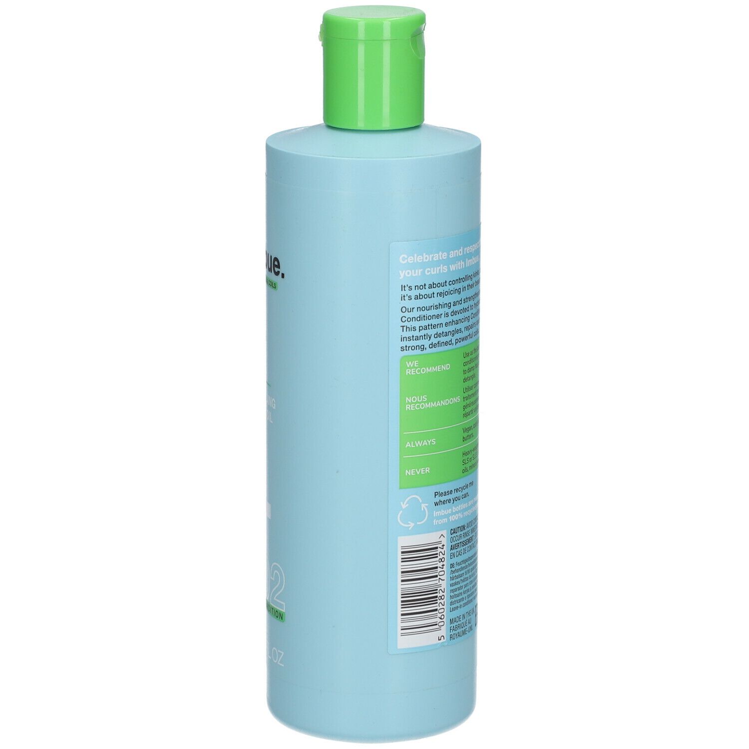 Flacon bleu clair avec bouchon vert. Dos avec texte. Contient des informations sur le produit et les ingrédients.