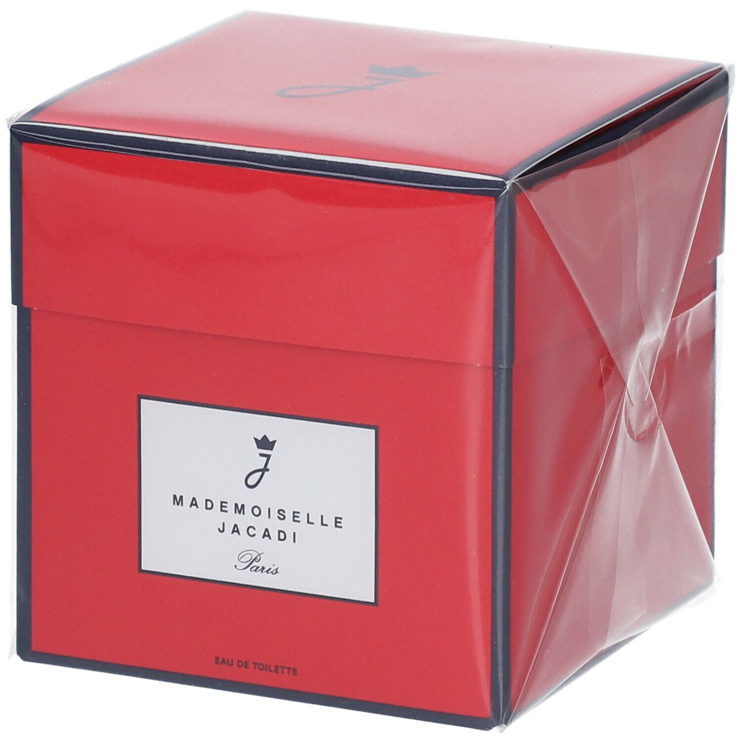 Boîte carrée rouge avec étiquette blanche. Inscription: Mademoiselle Jacadi Paris. Eau de Toilette. Emballée dans du film plastique.
