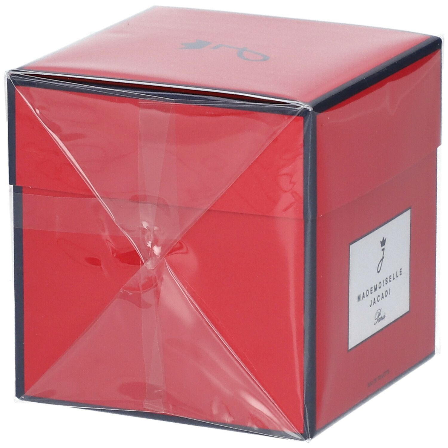 Boîte carrée rouge avec étiquette blanche. Inscription: Mademoiselle Jacadi Paris. Eau de Toilette. Emballée dans du film plastique.