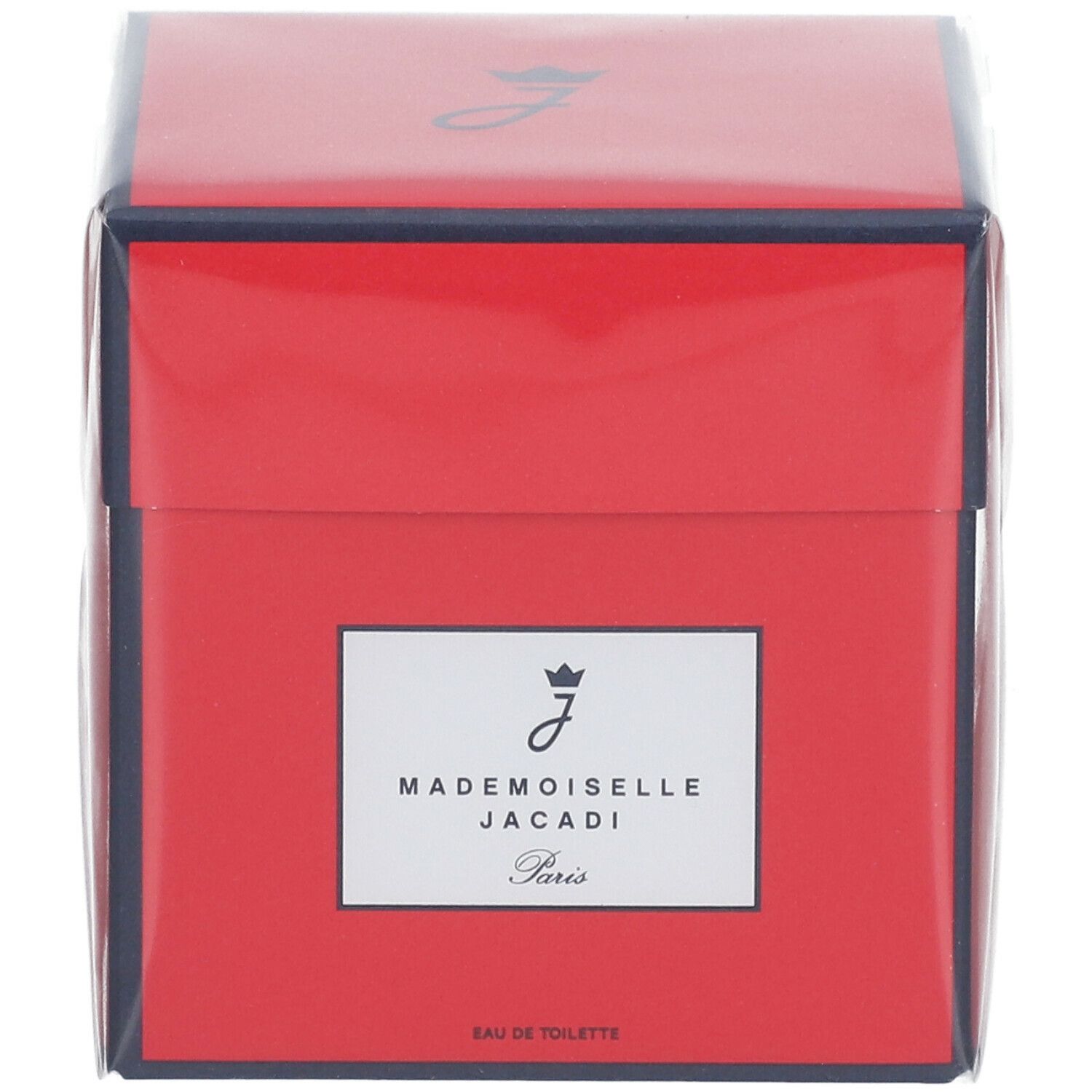 Boîte carrée rouge avec étiquette blanche. Inscription: Mademoiselle Jacadi Paris. Eau de Toilette. Emballée dans du film plastique.