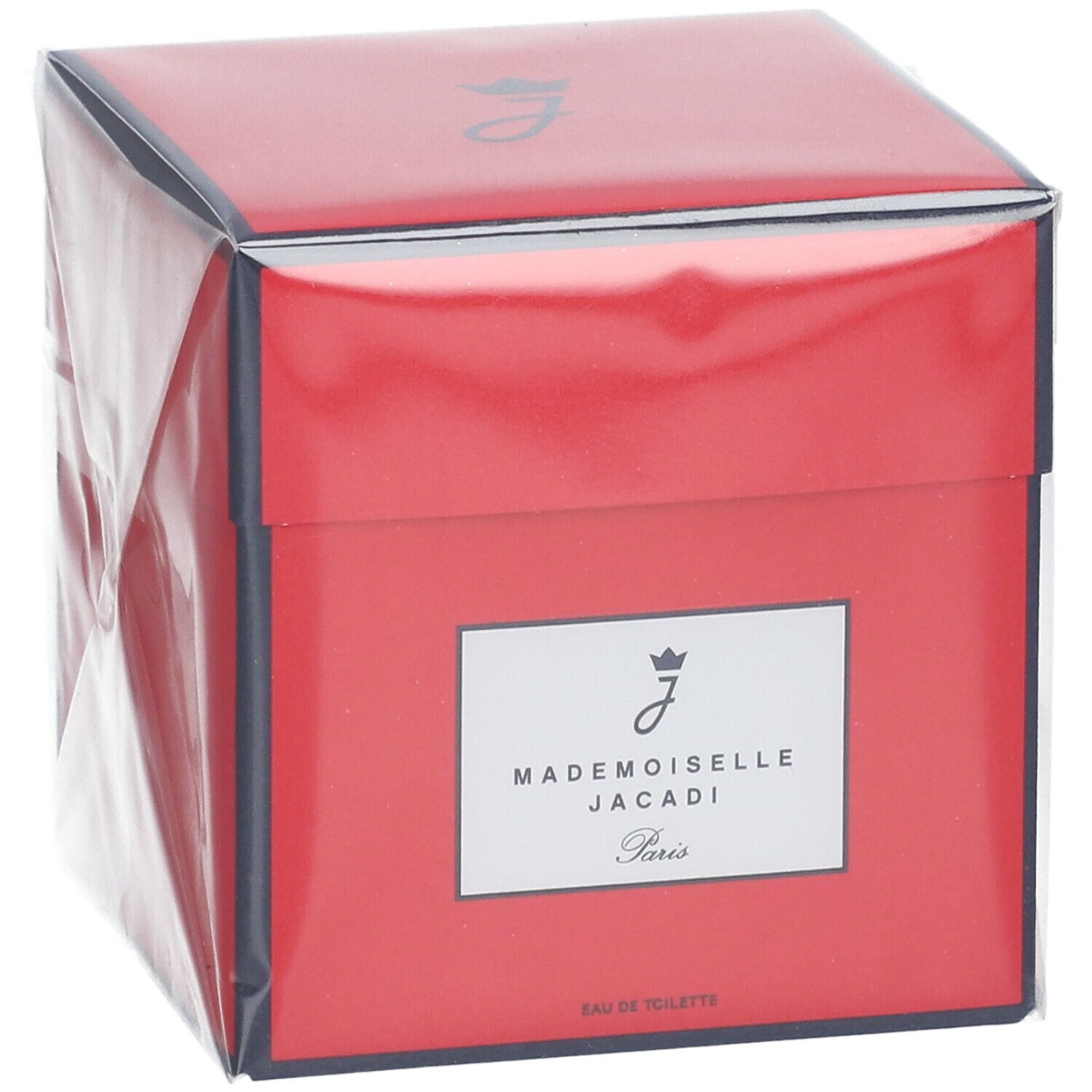 Boîte carrée rouge avec étiquette blanche. Inscription: Mademoiselle Jacadi Paris. Eau de Toilette. Emballée dans du film plastique.