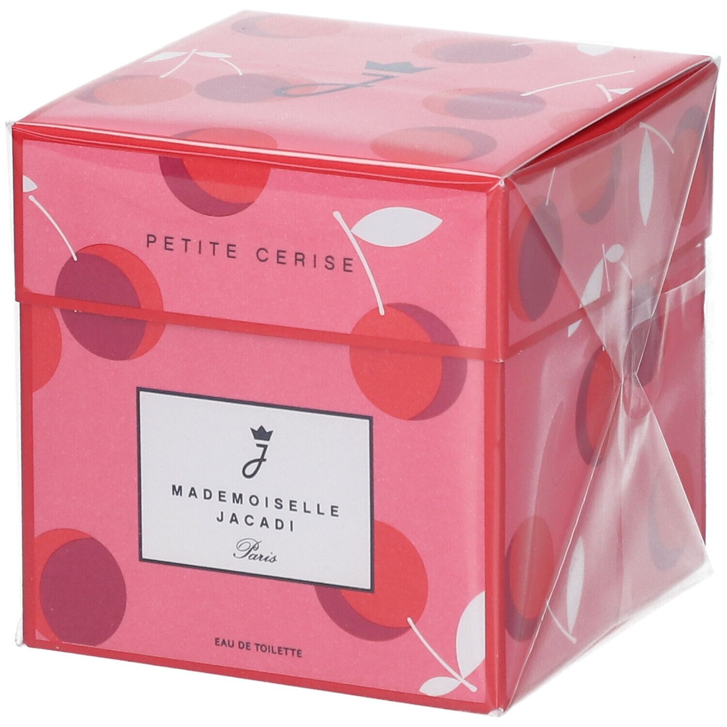 Boîte rose avec motif cerise et informations produit. Inscription : Petite Cerise, Mademoiselle Jacadi, Paris. Eau de Toilette.