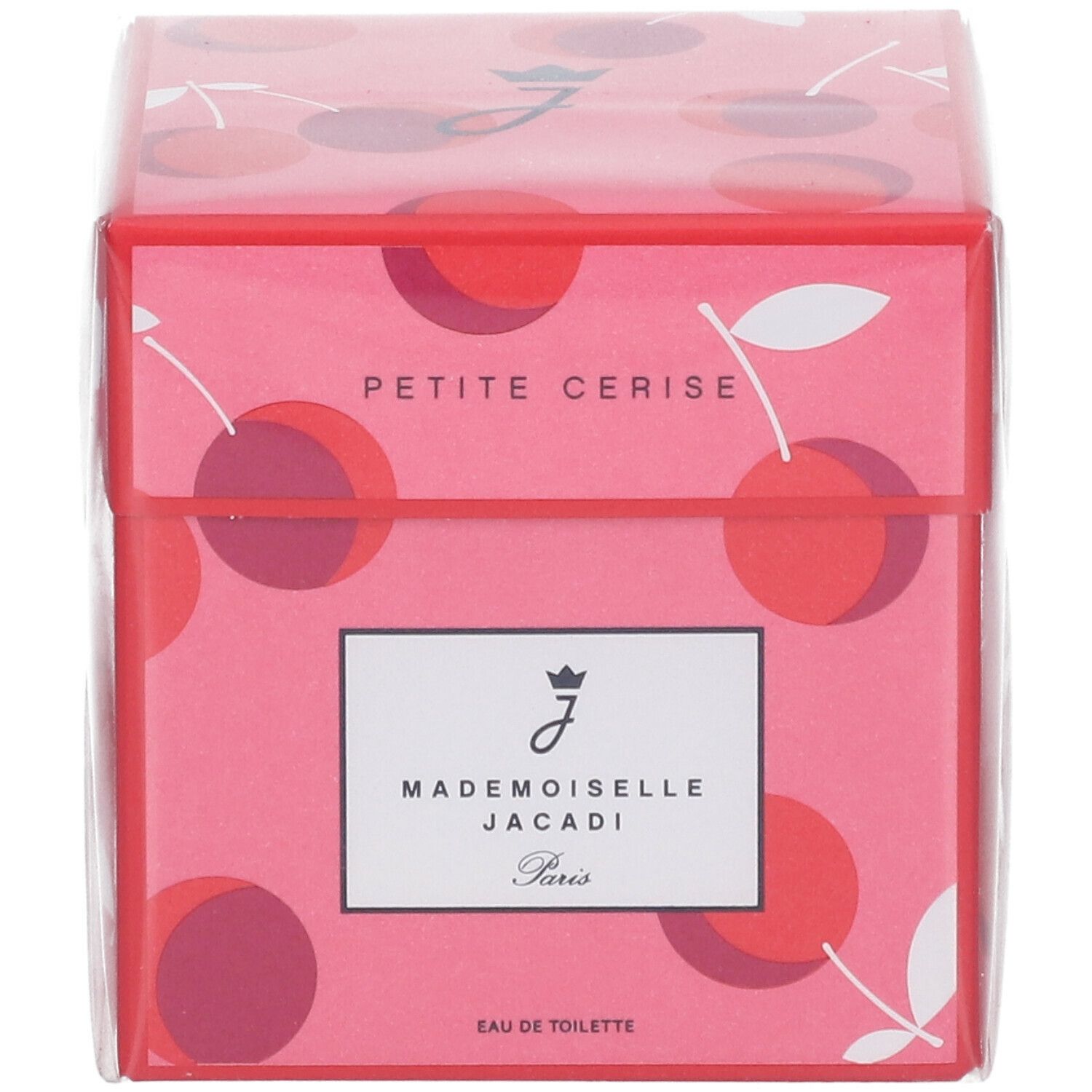Boîte rose avec motif cerise et informations produit. Inscription : Petite Cerise, Mademoiselle Jacadi, Paris. Eau de Toilette.
