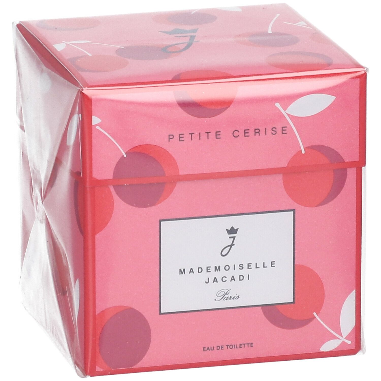 Boîte rose avec motif cerise et informations produit. Inscription : Petite Cerise, Mademoiselle Jacadi, Paris. Eau de Toilette.
