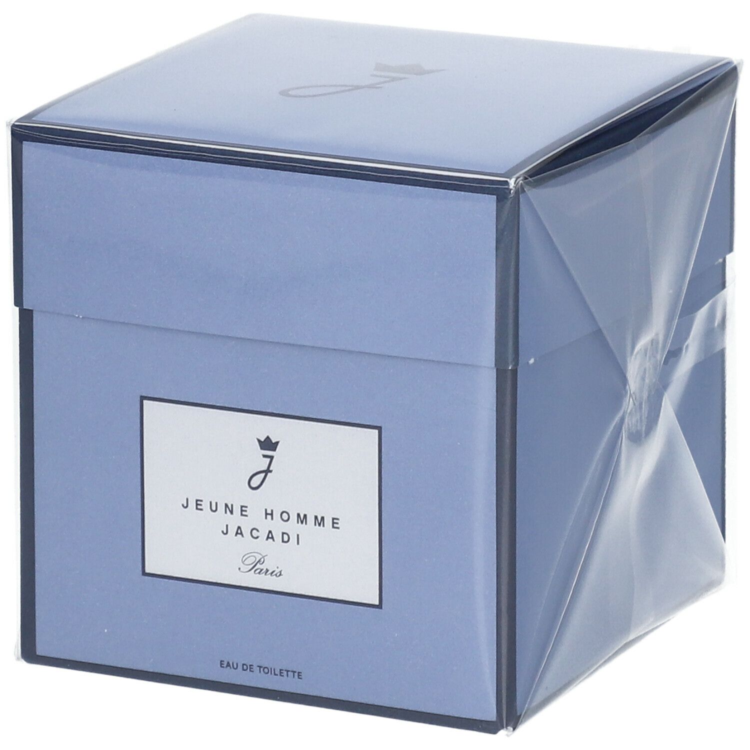 Boîte bleu clair avec inscription JEUNE HOMME JACADI Paris. Eau de Toilette. Emballée dans du film plastique.