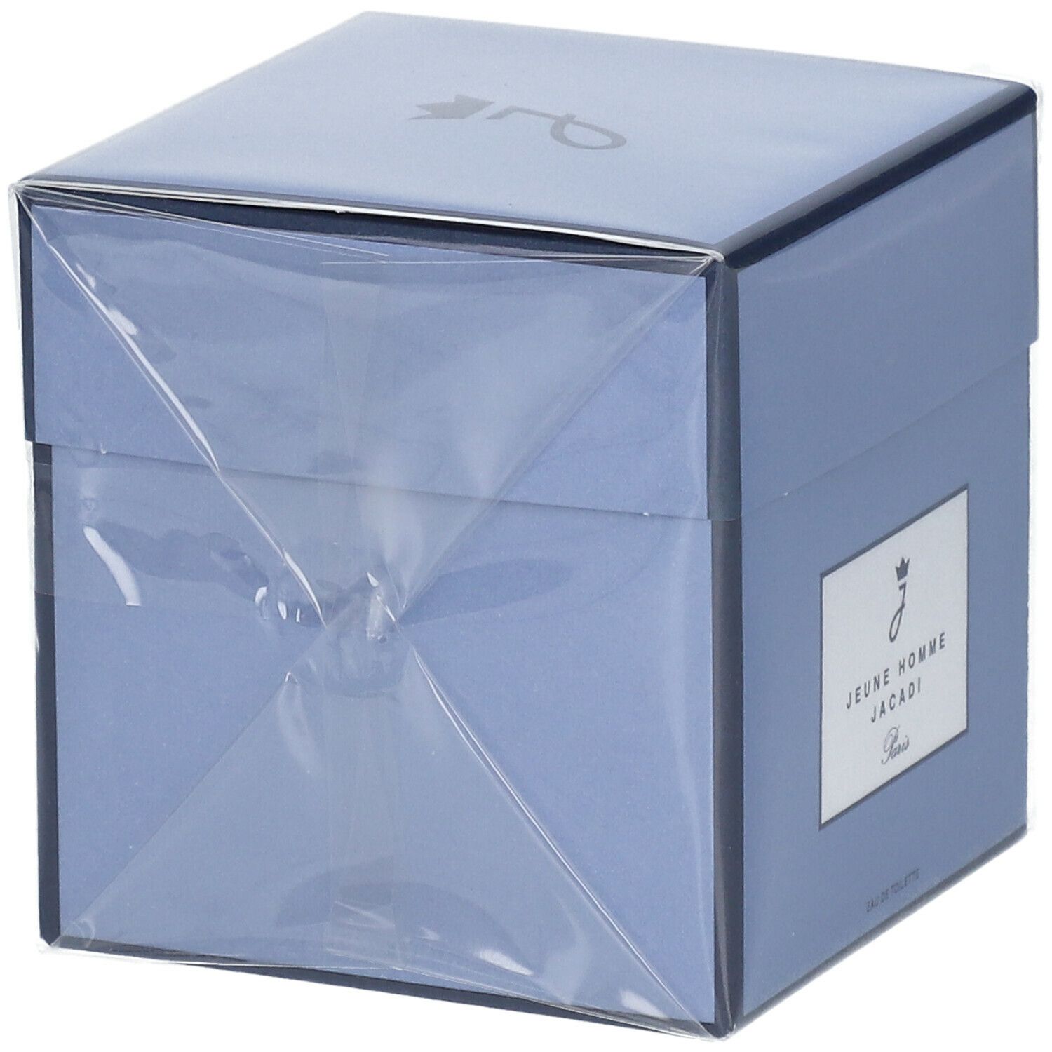 Boîte bleu clair avec inscription JEUNE HOMME JACADI Paris. Emballée dans du film plastique.