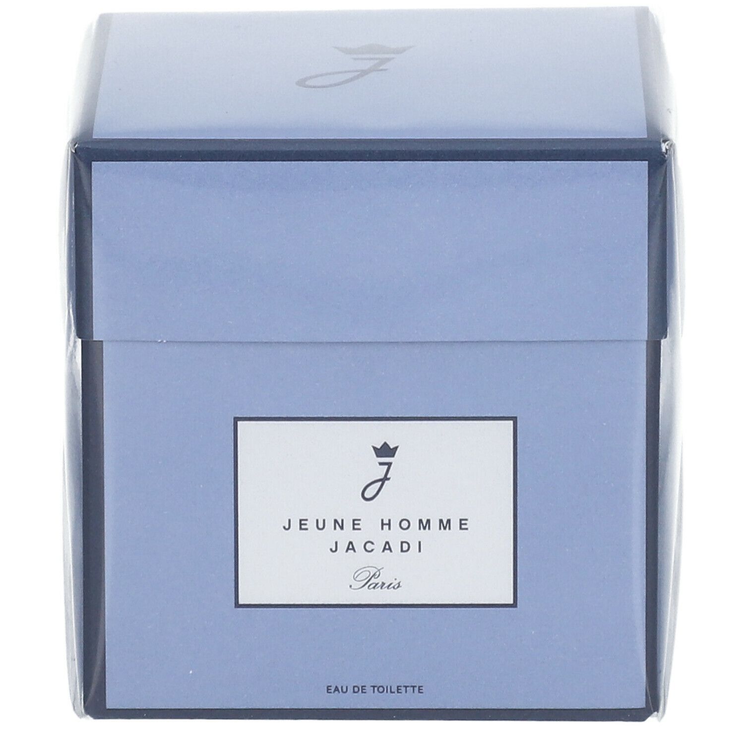 Boîte bleu clair avec inscription JEUNE HOMME JACADI Paris. Eau de Toilette. Emballée dans du film plastique.