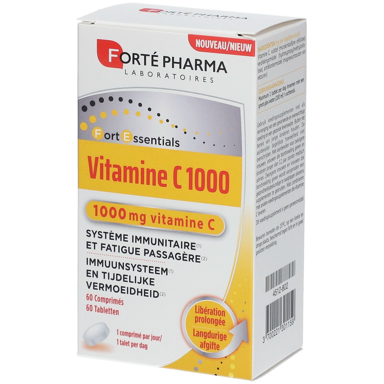Doos Forté Pharma Vitamine C 1000. Bevat 60 tabletten. Opschrift: 1000 mg vitamine C. Voor immuunsysteem en vermoeidheid.