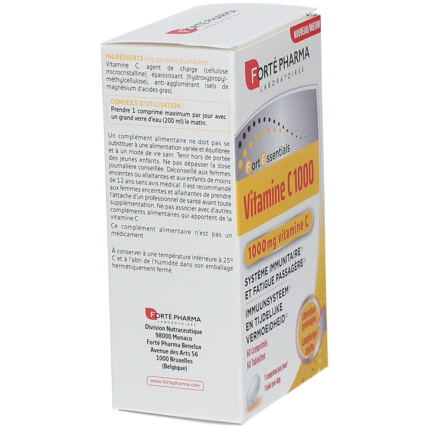 Achterkant doos Forté Pharma Vitamine C 1000. Bevat ingrediënten en gebruiksaanwijzing. Merk zichtbaar.