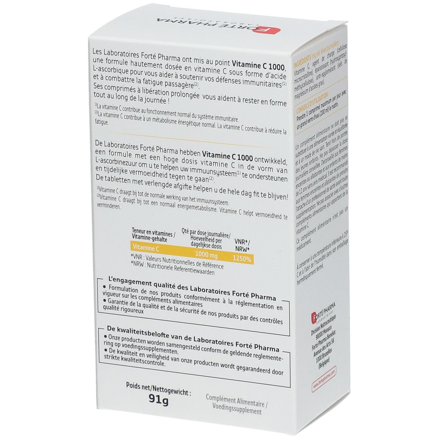Achterkant doos Forté Pharma Vitamine C 1000. Bevat informatie over kwaliteit en voedingswaarden.
