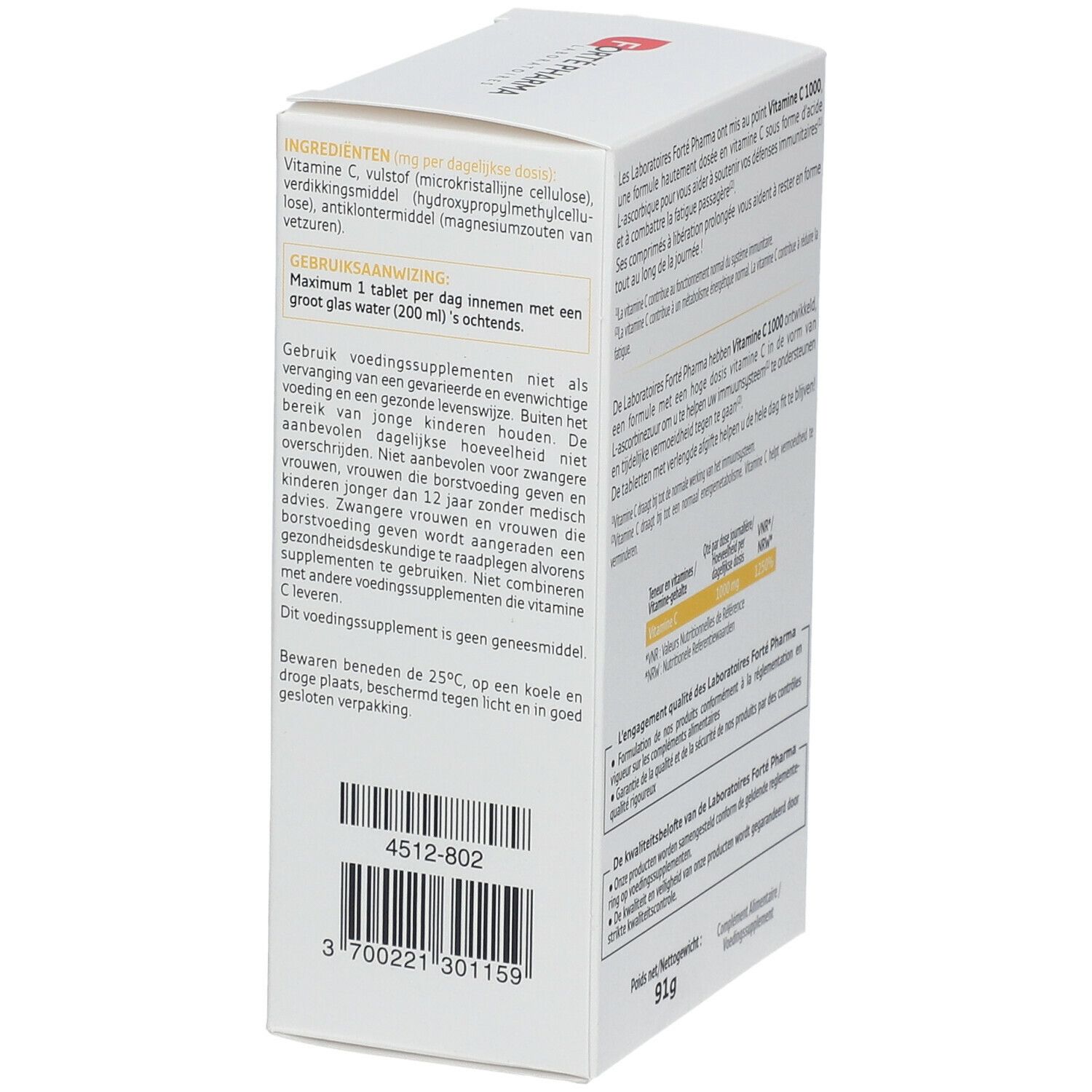 Zijaanzicht doos Forté Pharma Vitamine C 1000. Bevat informatie over ingrediënten en gebruik.