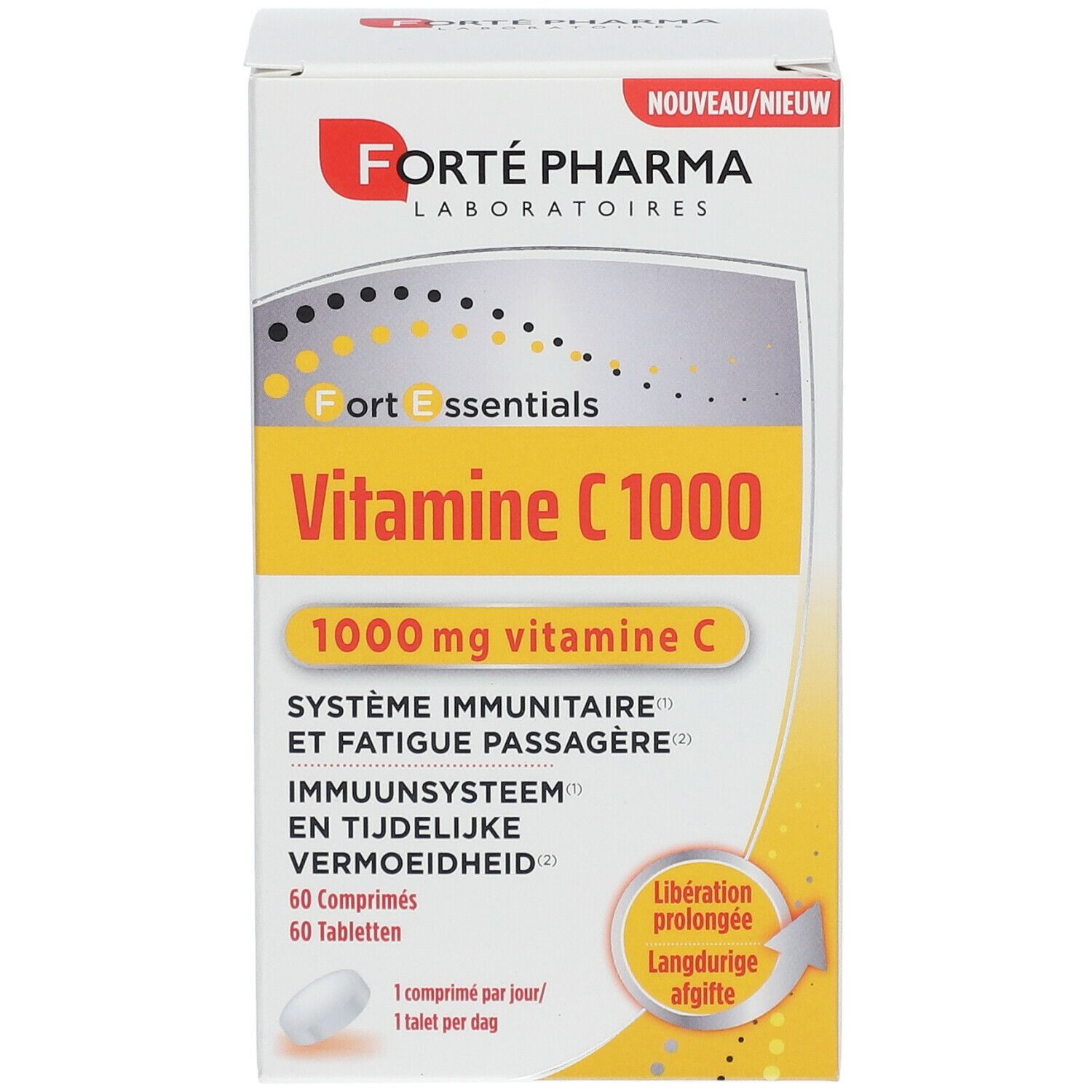 Doos Forté Pharma Vitamine C 1000. Bevat 60 tabletten. Opschrift: 1000 mg vitamine C. Voor immuunsysteem en vermoeidheid.