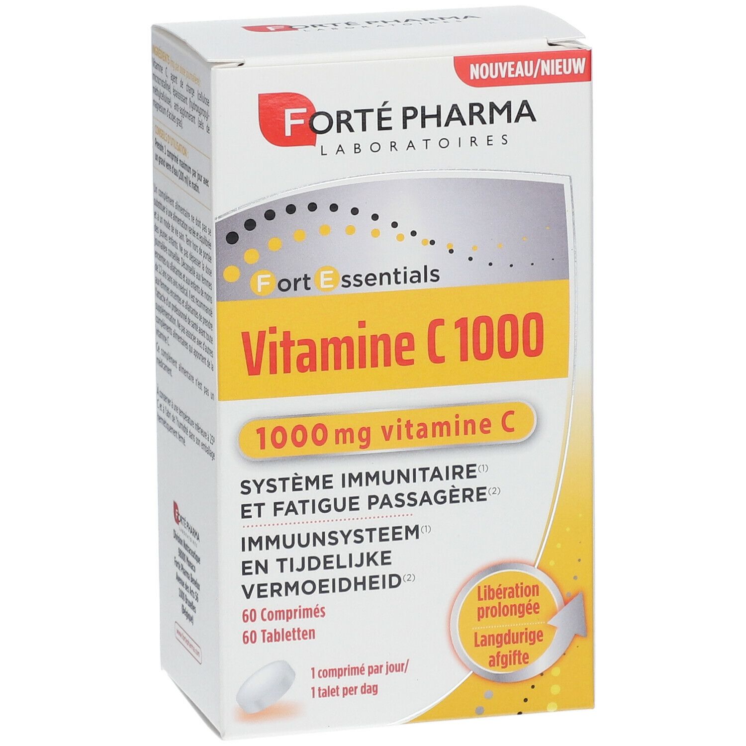 Doos Forté Pharma Vitamine C 1000. Bevat 60 tabletten. Opschrift: 1000 mg vitamine C. Voor immuunsysteem en vermoeidheid.
