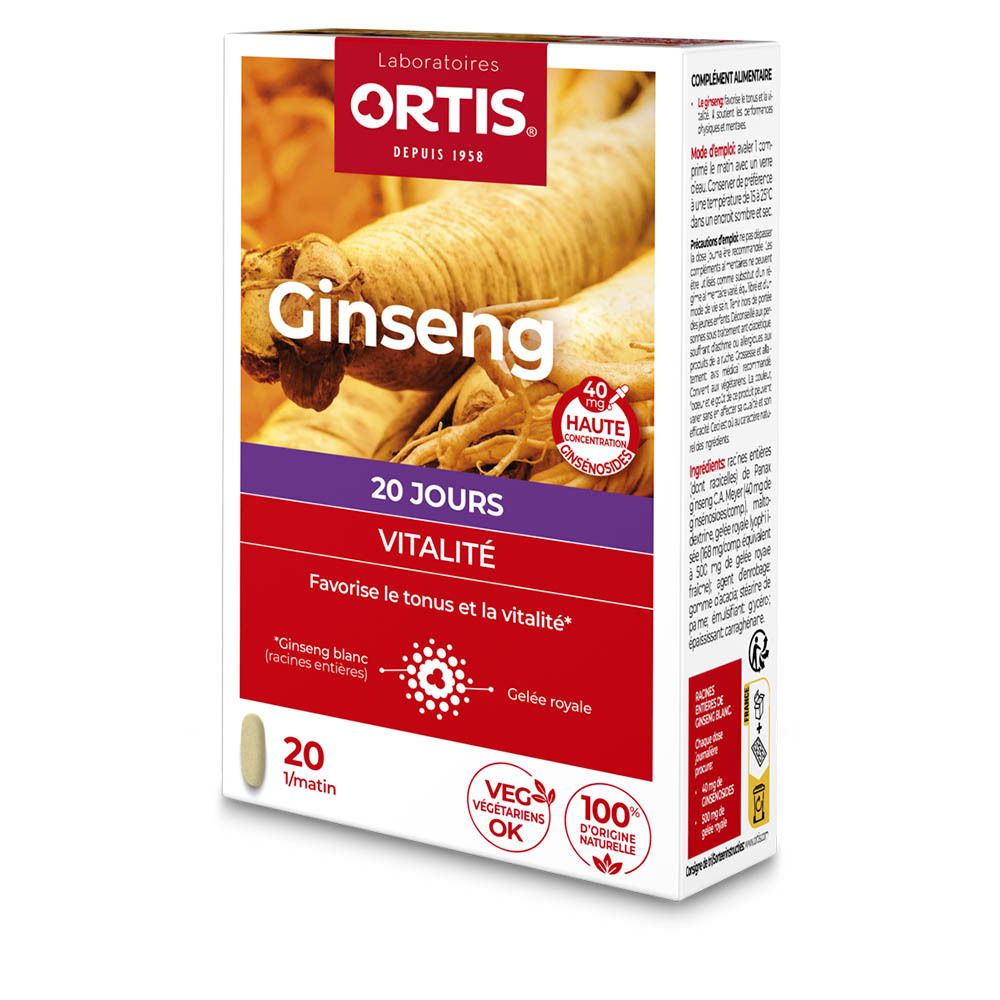 Boîte Ortis Ginseng Bio. Contient 20 comprimés. Inscription : 20 jours Vitalité. Avec ginseng et gelée royale. Gélules végétales.