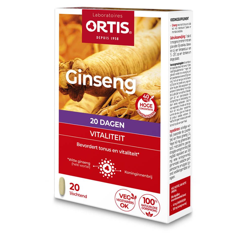 Boîte Ortis Ginseng Bio. Contient 20 comprimés. Inscription : 20 jours Vitalité. Avec ginseng et gelée royale. Gélules végétales.