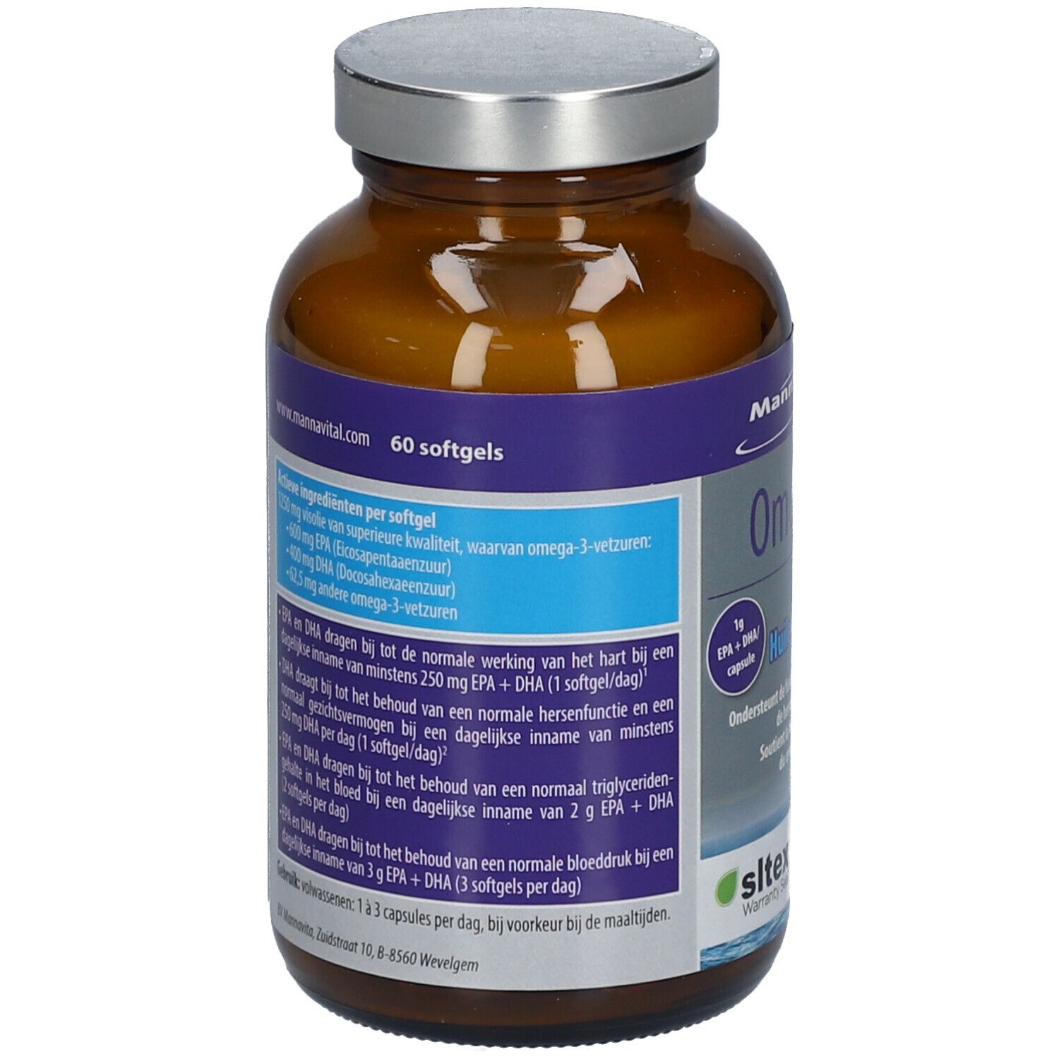 Achterkant fles met info. Opschrift: Mannavital. Ingrediënten, EPA/DHA. 60 softgels. www.mannavital.com