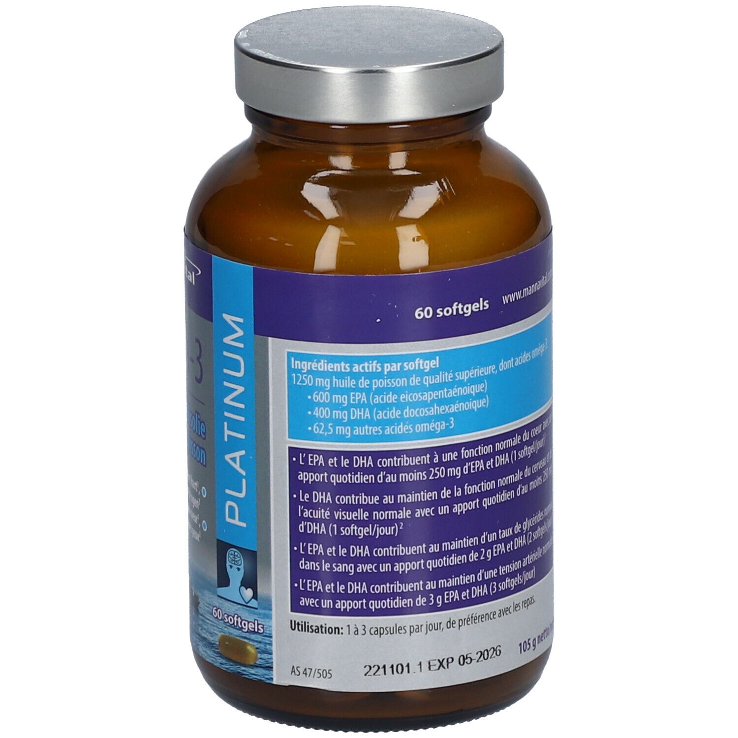 Fles met capsules. Opschrift: Mannavital Omega-3 Platinum. 60 softgels. Visolie Huile de poisson. Ingrediënten.