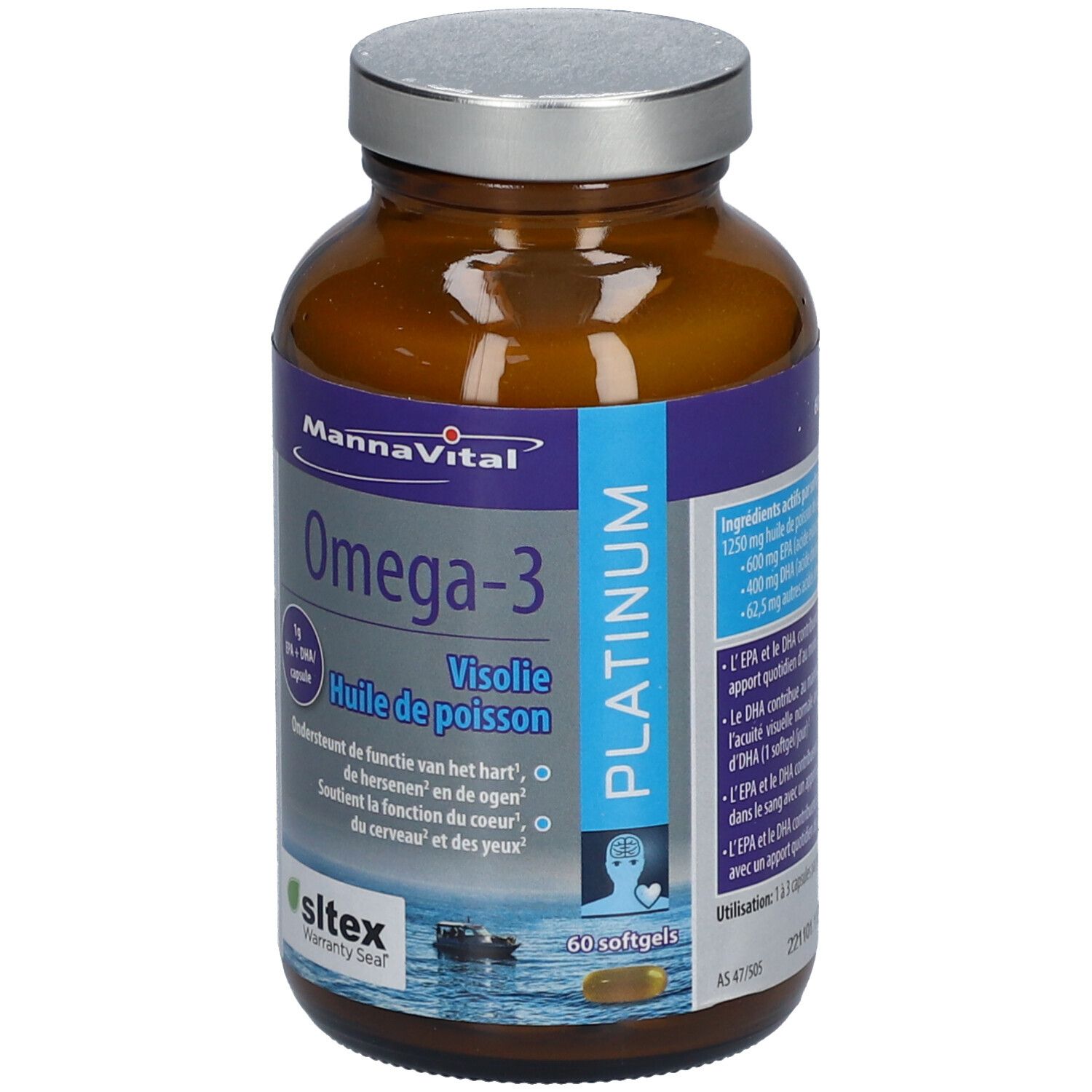 Fles met capsules. Opschrift: Mannavital Omega-3 Platinum. 60 softgels. Visolie Huile de poisson. Ingrediënten.