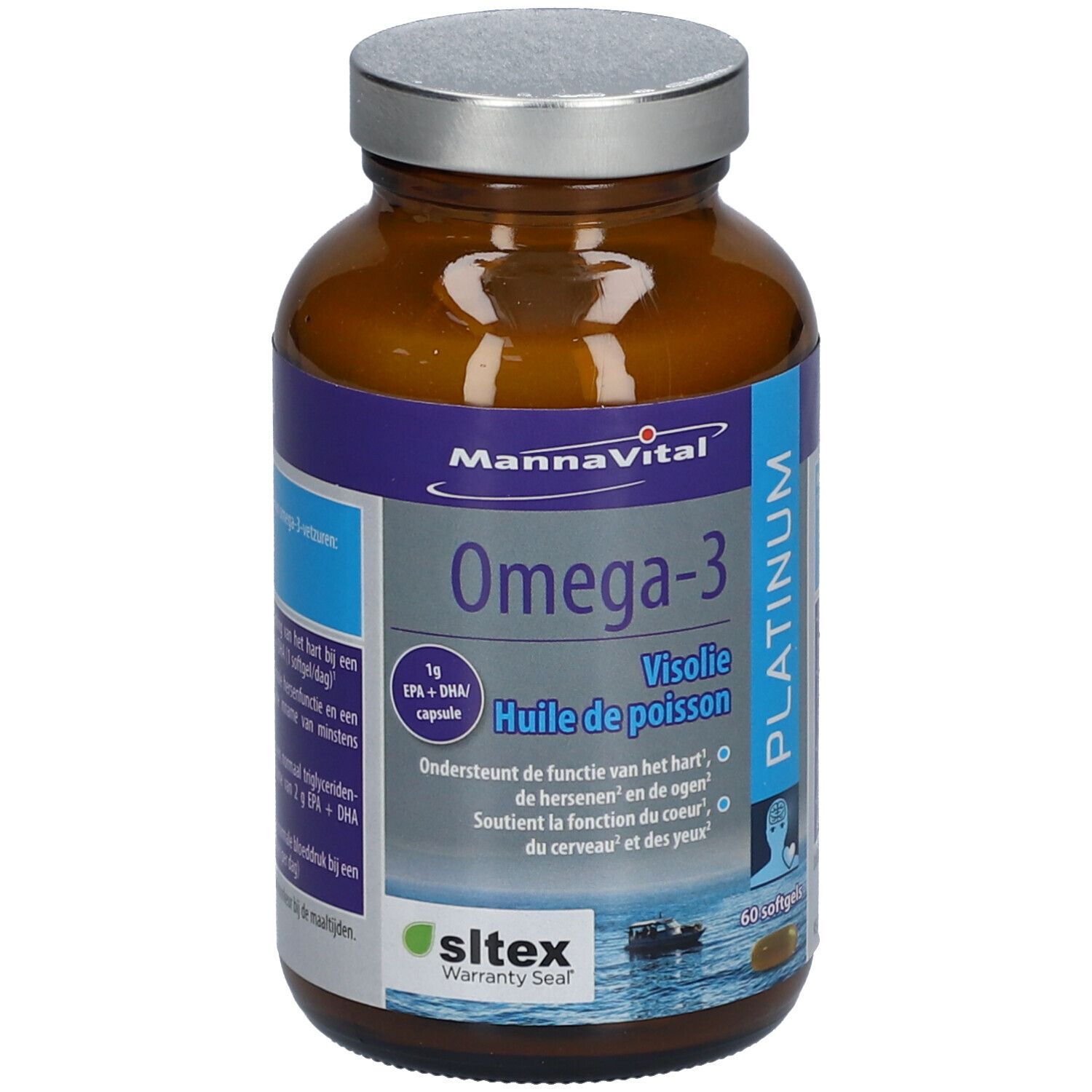 Bruine fles met capsules. Opschrift: Mannavital Omega-3 Platinum. 60 softgels. Visolie Huile de poisson.