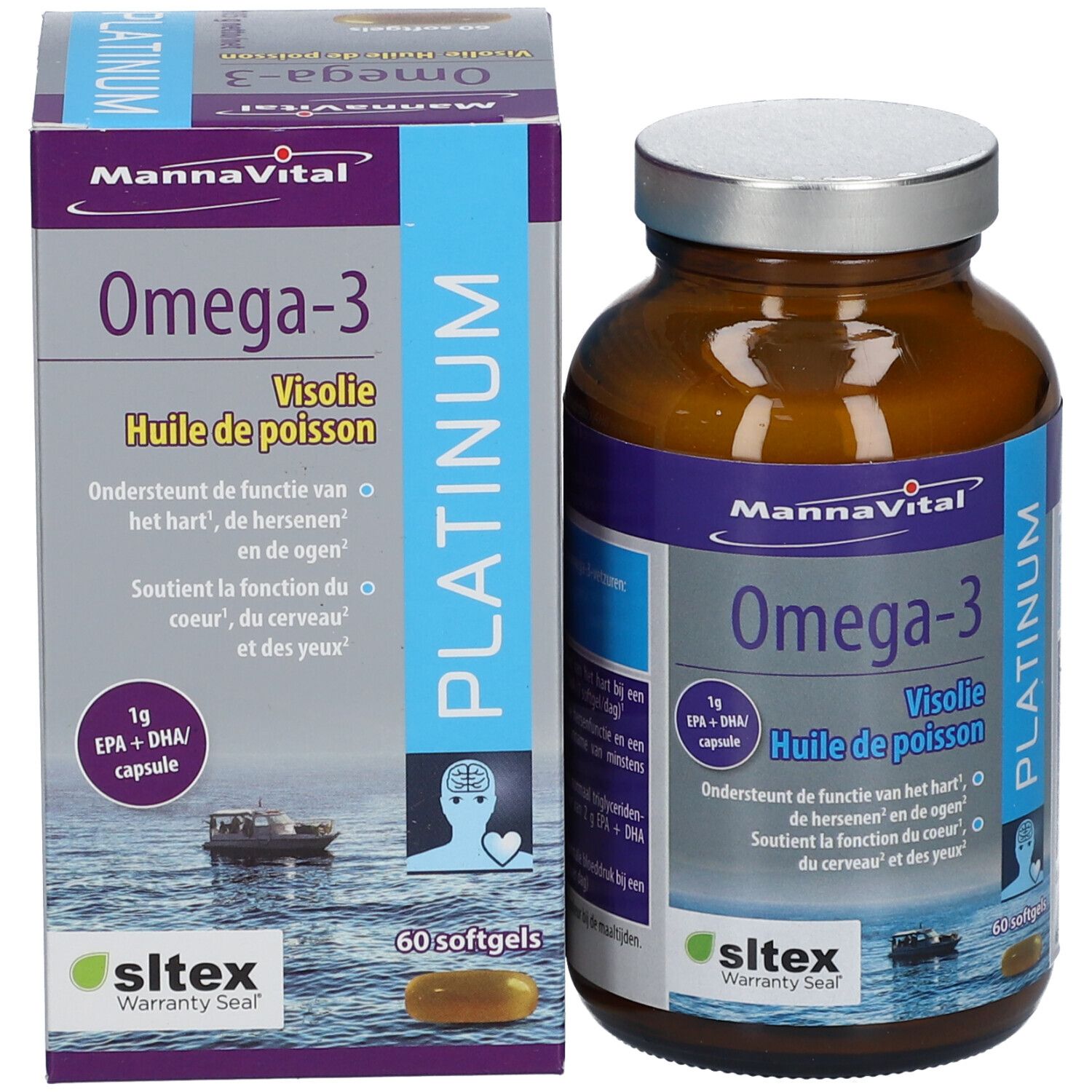 Verpakking en fles. Opschrift: Mannavital Omega-3 Platinum. 60 softgels. Visolie Huile de poisson.