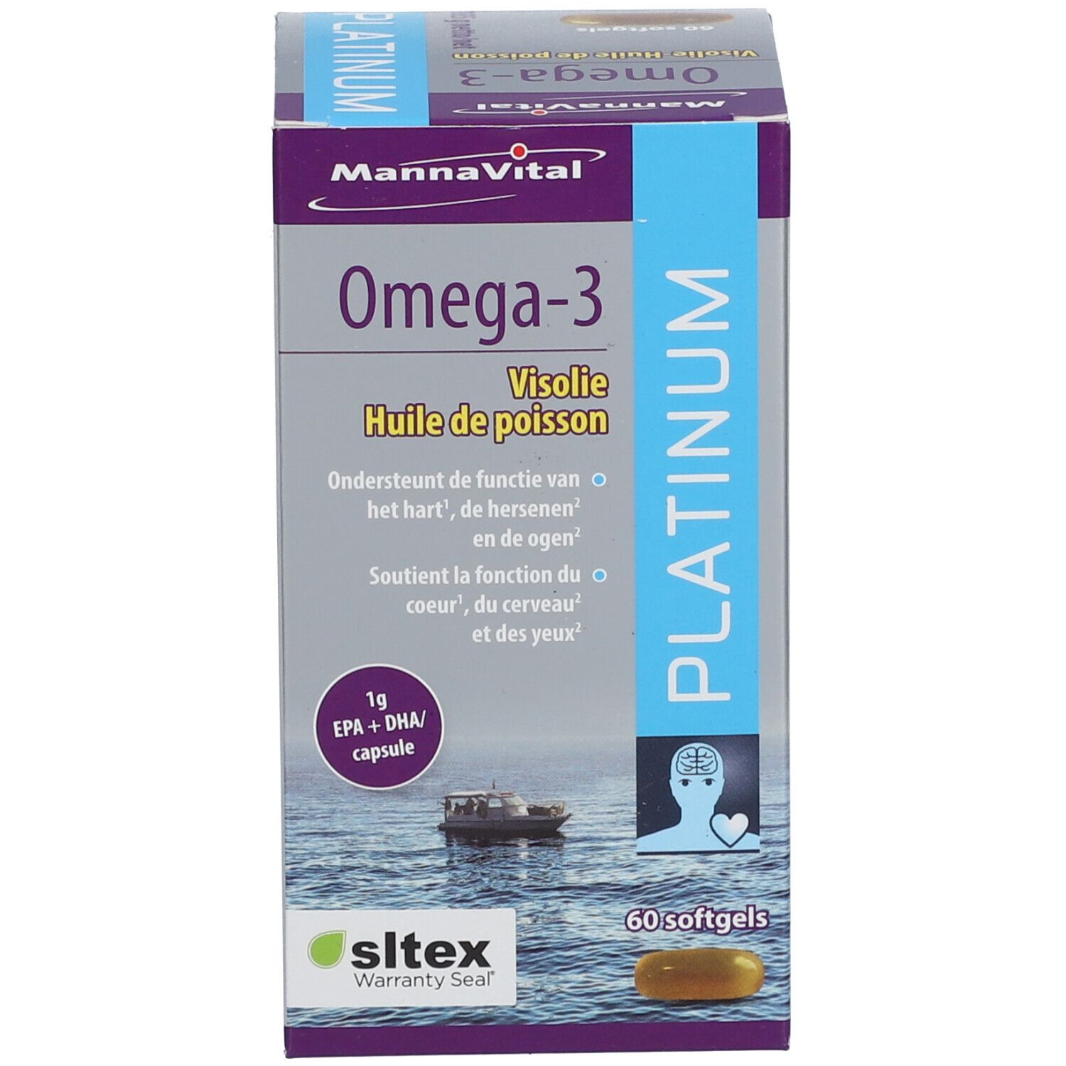 Productverpakking. Opschrift: Mannavital Omega-3 Platinum. 60 softgels. Visolie Huile de poisson.