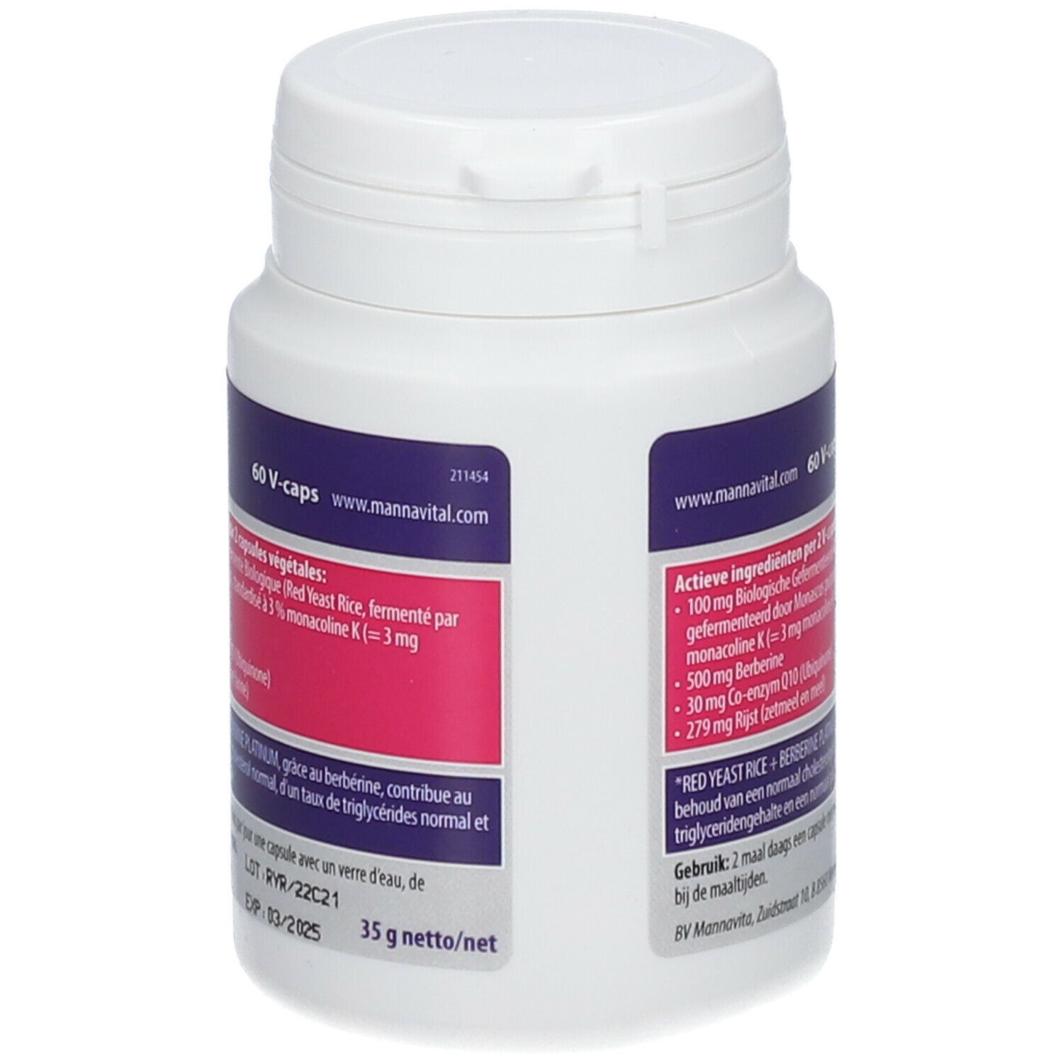 Flacon blanc avec capsules. Ingrédients et dosage au dos. 60 V-caps. 35 g net.