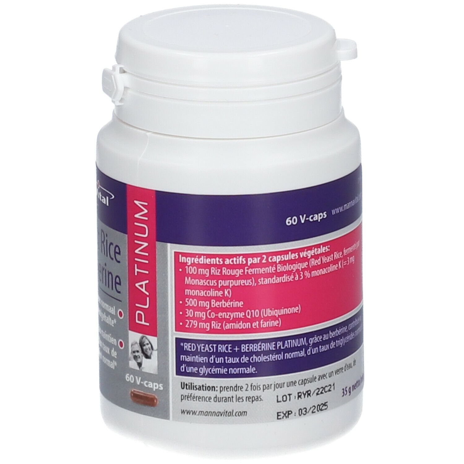 Flacon blanc avec capsules. Inscription: Mannavital Red Yeast Rice + Berberine. 60 V-caps. Ingrédients.
