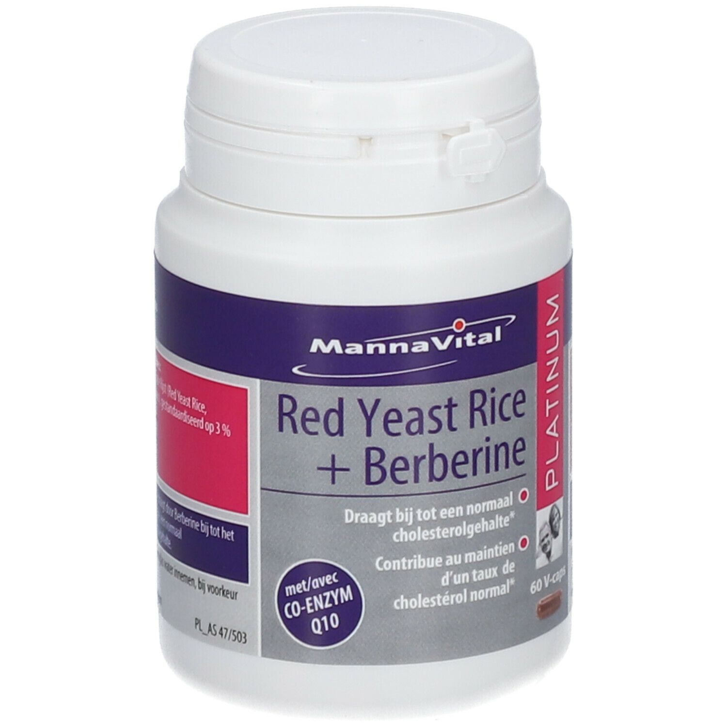 Flacon blanc avec capsules. Inscription: Mannavital Red Yeast Rice + Berberine. 60 V-caps. Avec Co-enzyme Q10.