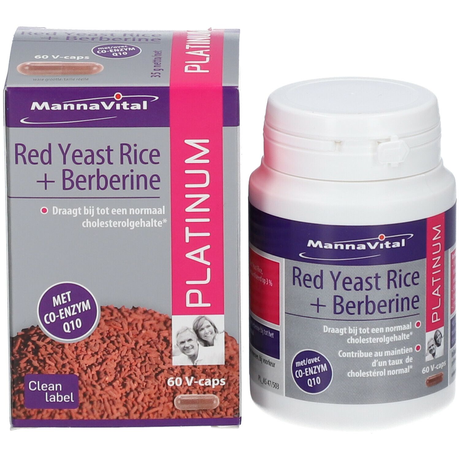 Emballage et flacon de capsules. Inscription: Mannavital Red Yeast Rice + Berberine. 60 V-caps. Avec Co-enzyme Q10.