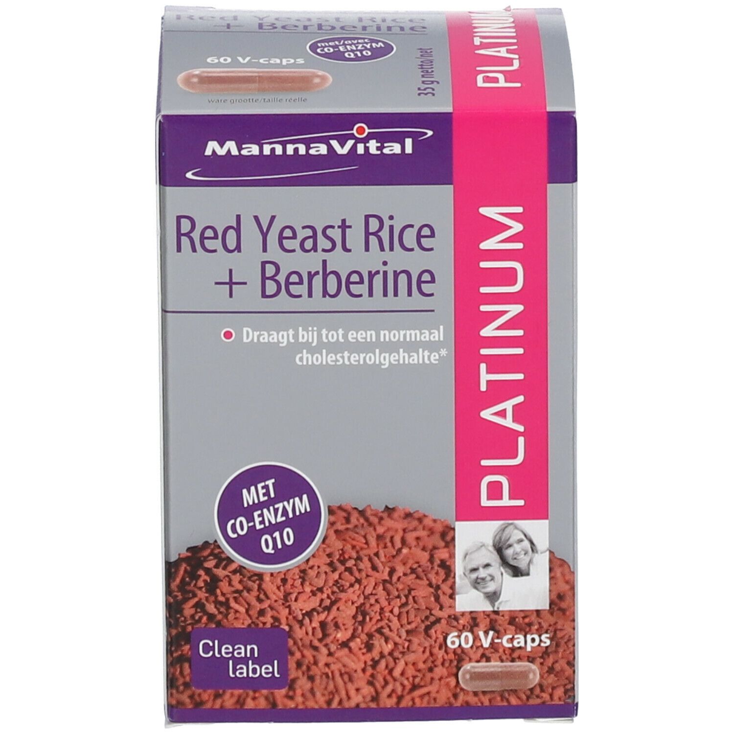 Emballage de capsules. Inscription: Mannavital Red Yeast Rice + Berberine. 60 V-caps. Avec Co-enzyme Q10.