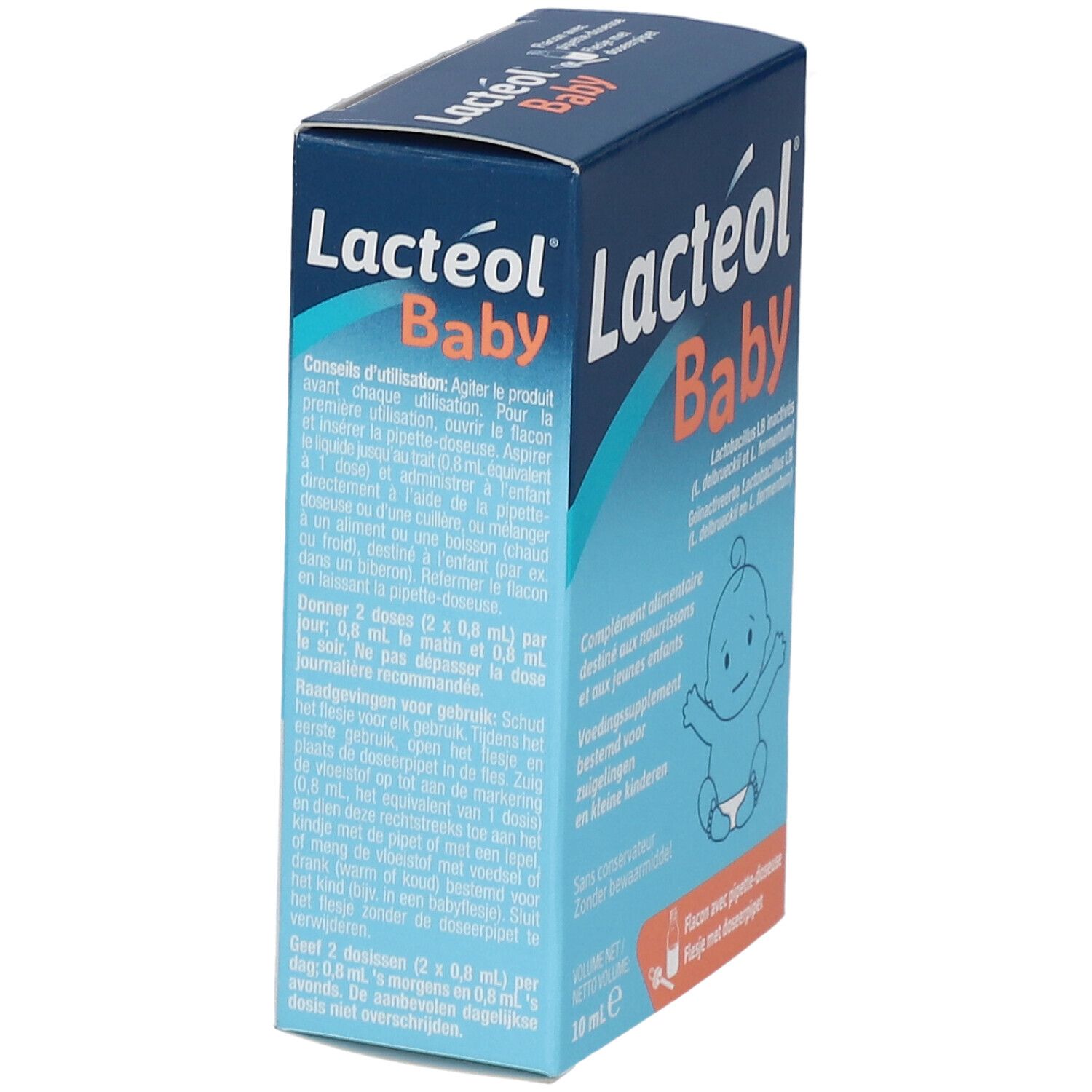 Kartonverpackung mit LACTEOL® Baby-Logo. Blaue und weiße Farbgebung. Enthält Anweisungen und Dosierungshinweise.