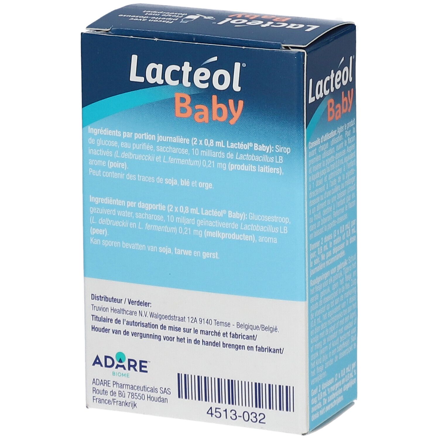 Rückseite der LACTEOL® Baby-Verpackung. Enthält Inhaltsstoffe und Herstellerinformationen. Blaue und weiße Farbgebung.