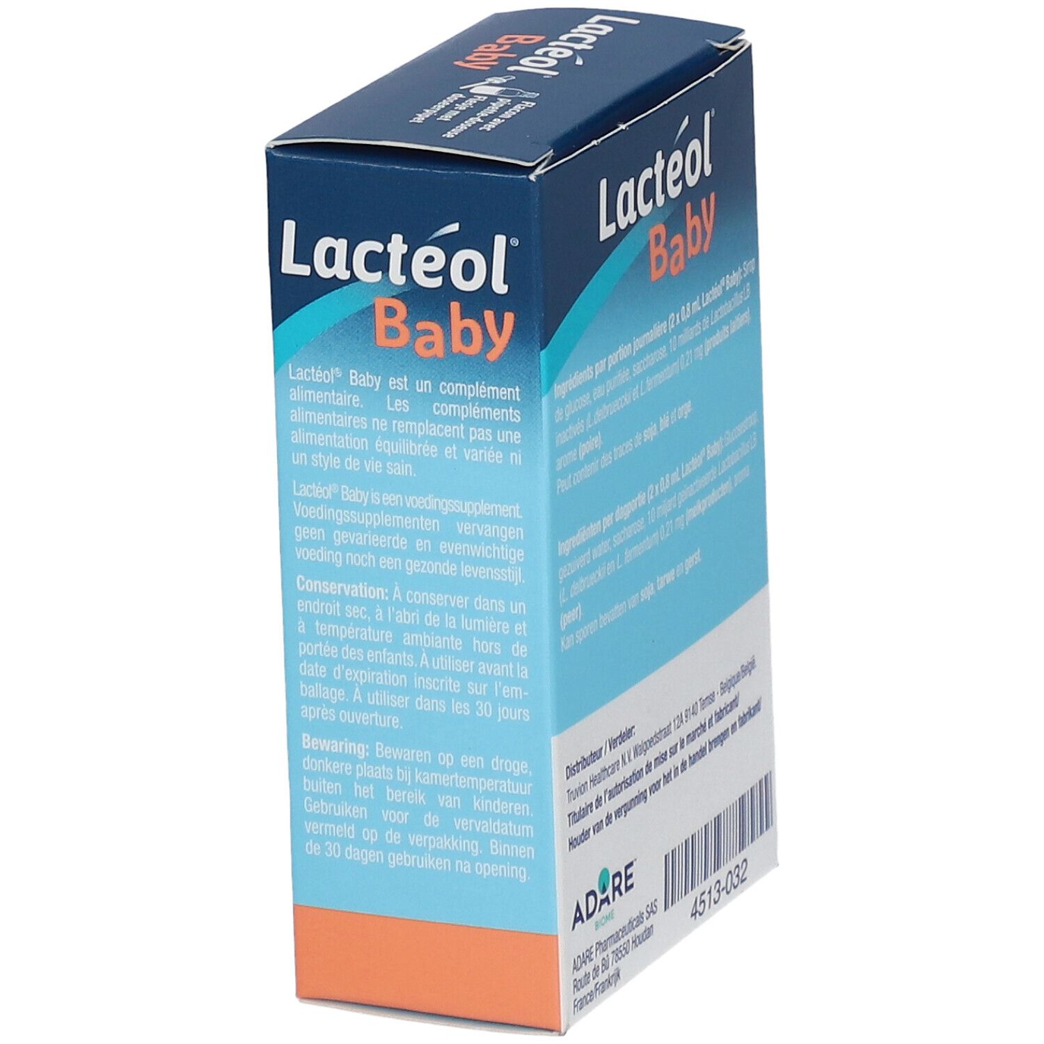 Seitenansicht der LACTEOL® Baby-Verpackung. Enthält Informationen zur Aufbewahrung und Haltbarkeit. Blaue und weiße Farbgebung.