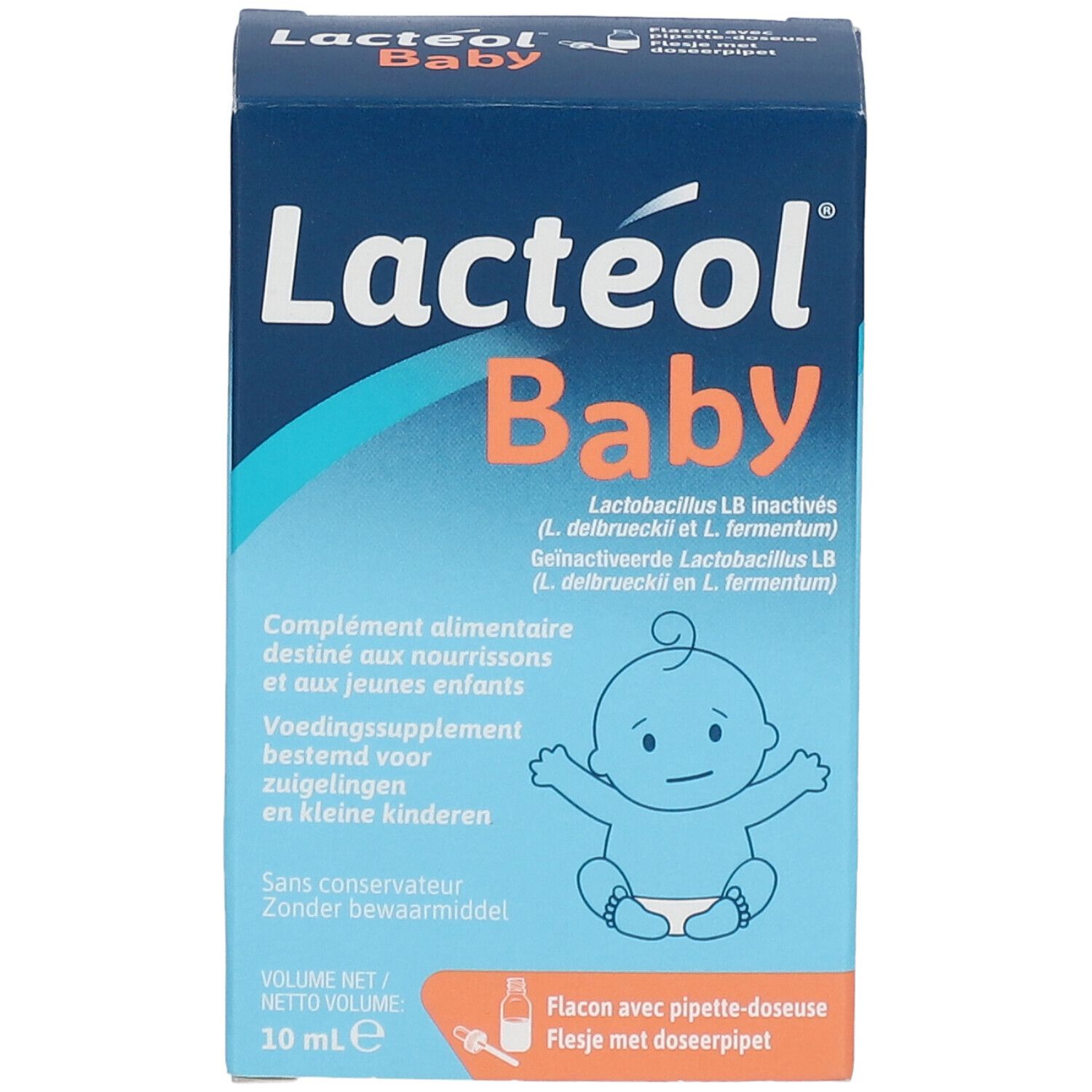 Vorderseite der LACTEOL® Baby-Verpackung. Produktname und Logo. Enthält Informationen für Babys und Kleinkinder. Blaue Farbgebung.