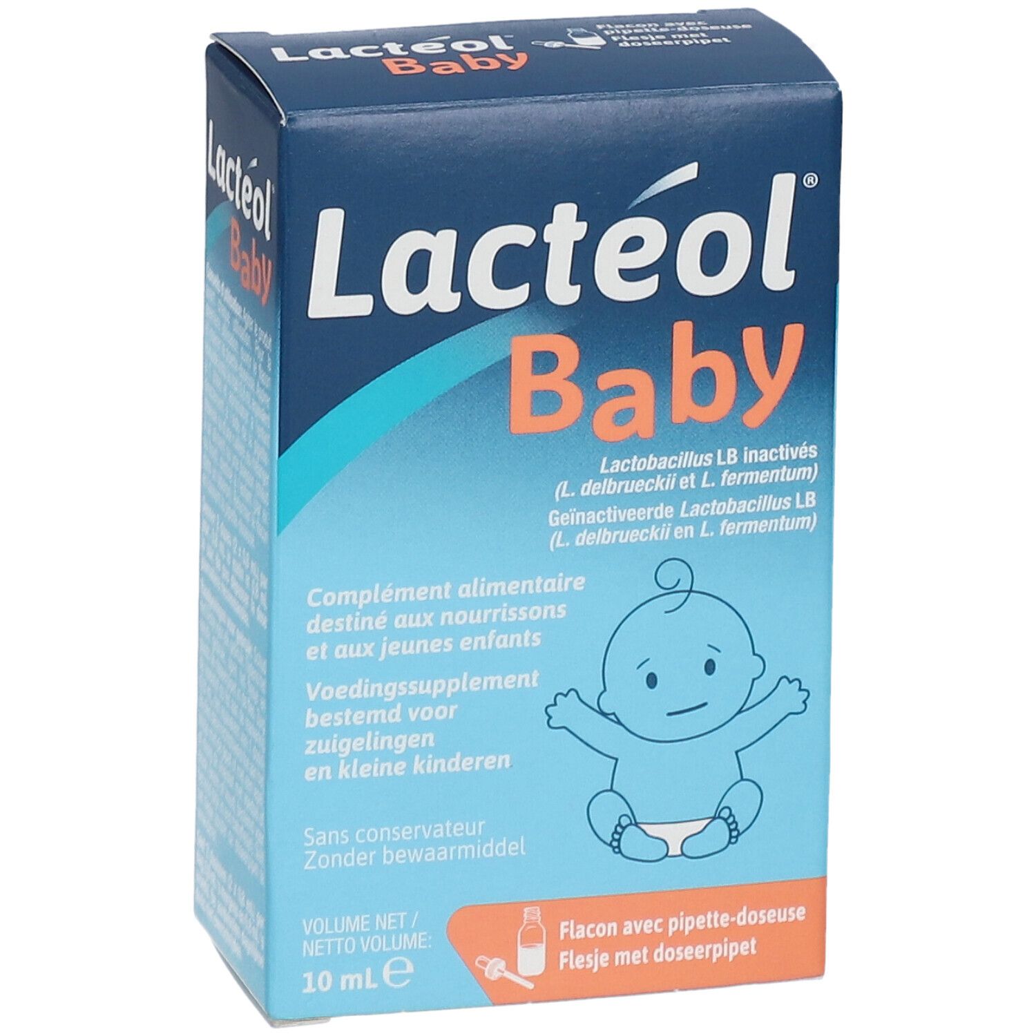 Vorderseite der LACTEOL® Baby-Verpackung. Produktname und Logo. Enthält Informationen für Babys und Kleinkinder. Blaue Farbgebung.