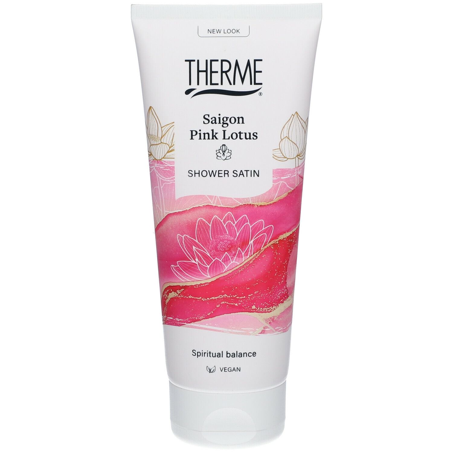 Weiß-rosa Tube mit THERME-Logo und „Saigon Pink Lotus“. Abbildung einer Lotusblüte. „Shower Satin“.