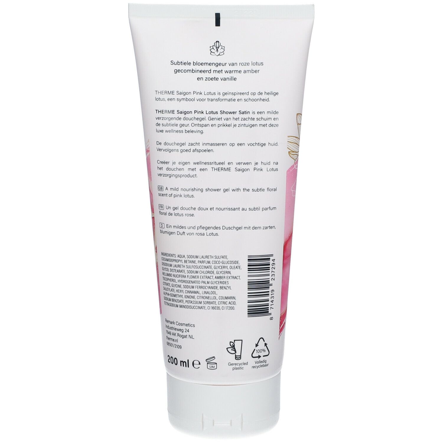 Rückseite der Tube. Text in mehreren Sprachen. Inhaltsstoffe und Recycling-Symbole. 200 ml.