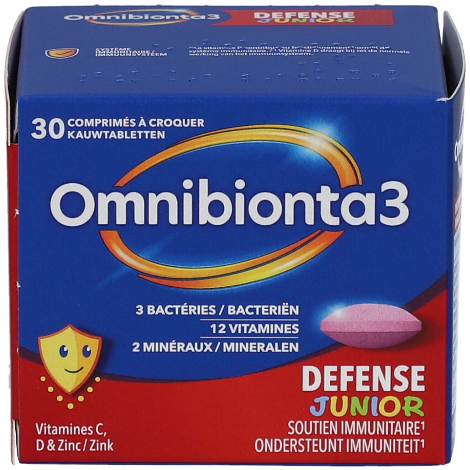 Blauwe Schachtel mit Omnibionta3 Defense Junior. 30 Kautabletten. Rosa Tablette sichtbar.