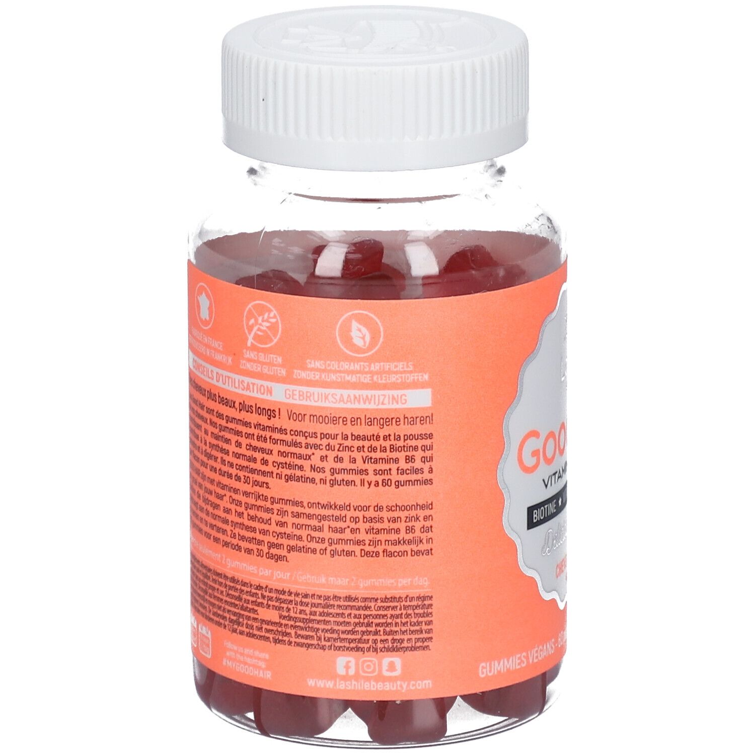 Dos du flacon avec texte et ingrédients. Logo vegan. Flacon transparent de gummies rouges.