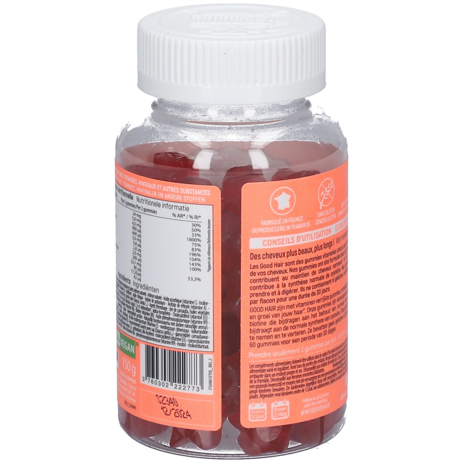 Dos du flacon avec texte et ingrédients. Logo vegan. Flacon transparent de gummies rouges.