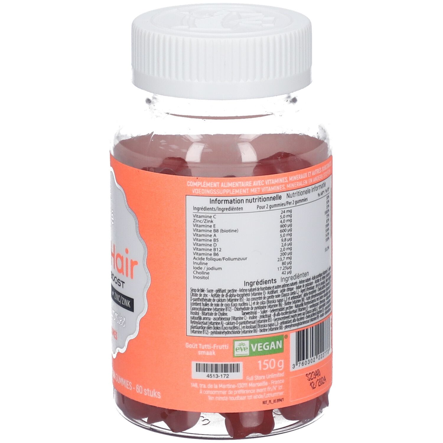 Dos du flacon avec texte et ingrédients. Logo vegan. Flacon transparent de gummies rouges.