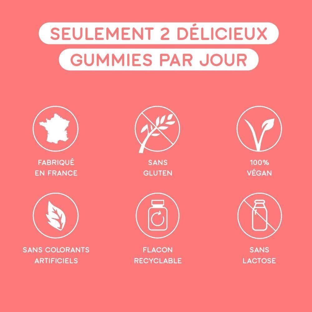 Texte : "Seulement 2 délicieux gummies par jour". Symboles : sans gluten, vegan, emballage recyclable. Fond rose.